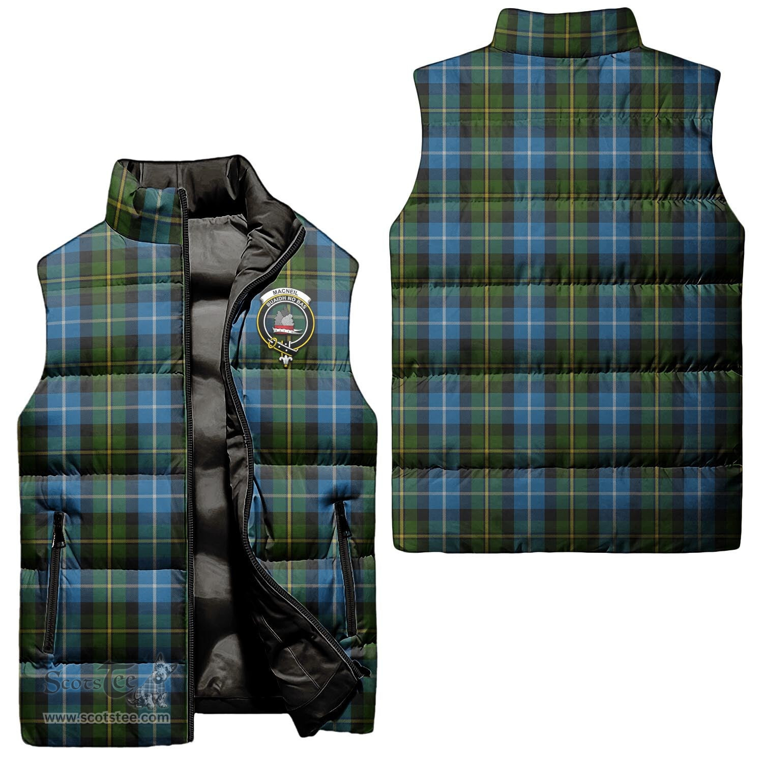 Scottish MacNeil of Barra Clan Tartan Puffer Vest, Family Crest Plaid Sleeveless Down Jacket Scottish Plaid Tartan Plaid - ScotsTee - scotstee.com