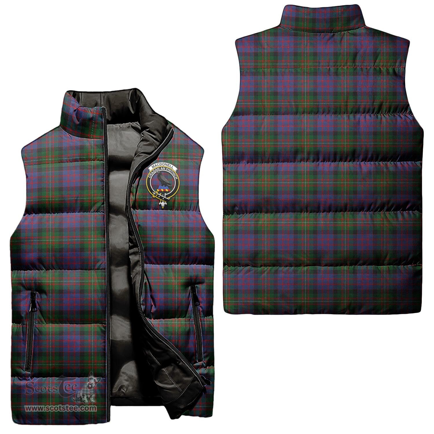 Scottish MacDonell of Glengarry Clan Tartan Puffer Vest, Family Crest Plaid Sleeveless Down Jacket Scottish Plaid Tartan Plaid - ScotsTee - scotstee.com