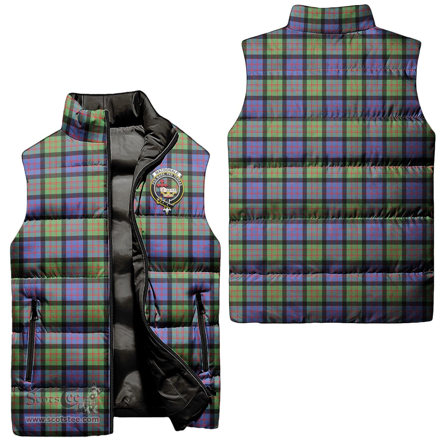 Scottish MacDonald Ancient Clan Tartan Puffer Vest, Family Crest Plaid Sleeveless Down Jacket Scottish Plaid Tartan Plaid - ScotsTee - scotstee.com