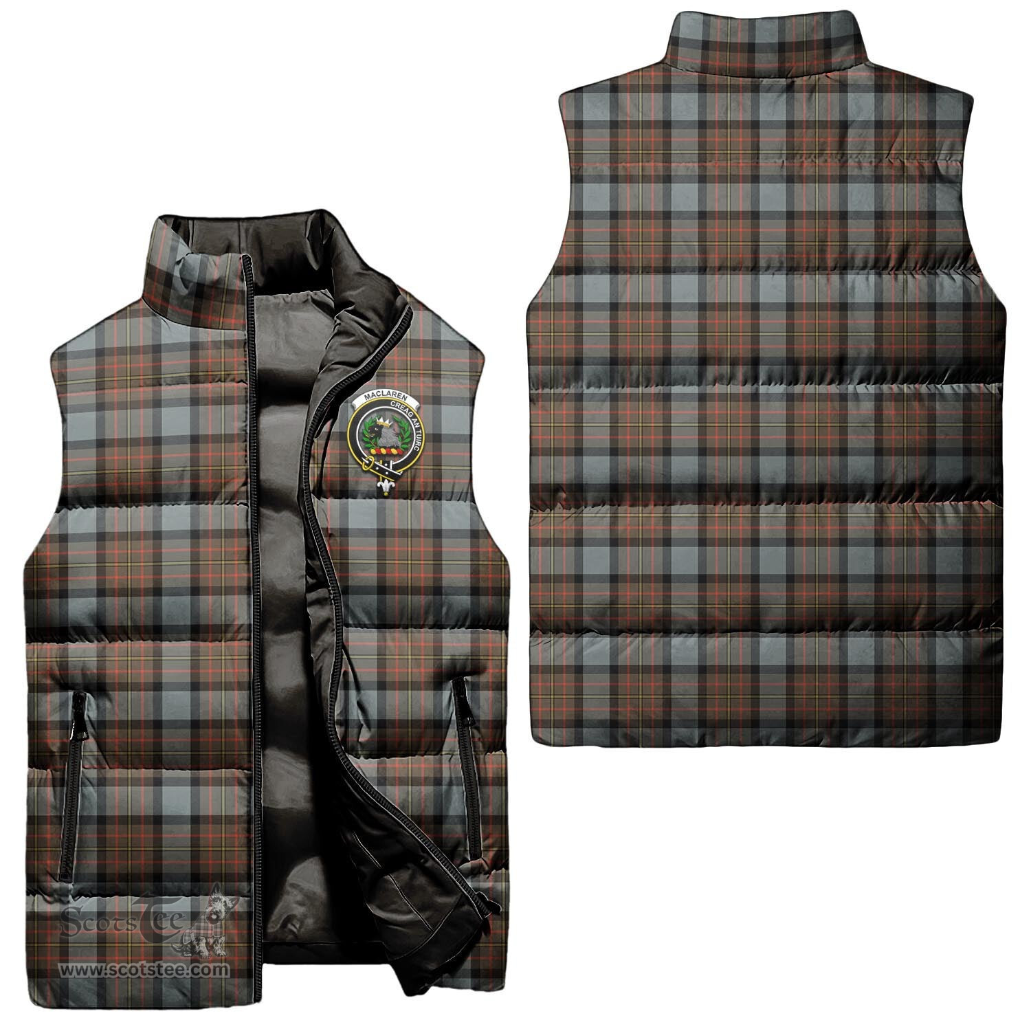 Scottish MacLaren Weathered Clan Tartan Puffer Vest, Family Crest Plaid Sleeveless Down Jacket Scottish Plaid Tartan Plaid - ScotsTee - scotstee.com