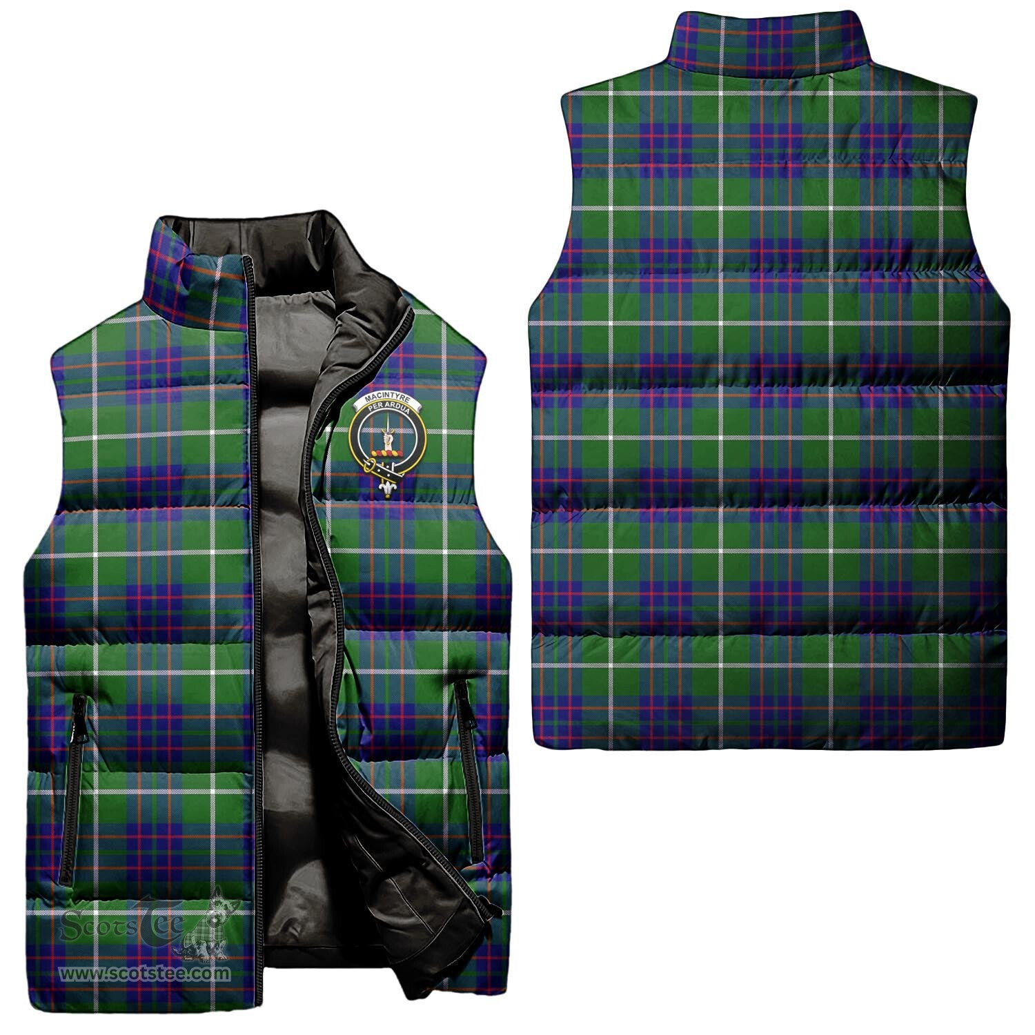 Scottish MacIntyre Hunting Modern Clan Tartan Puffer Vest, Family Crest Plaid Sleeveless Down Jacket Scottish Plaid Tartan Plaid - ScotsTee - scotstee.com