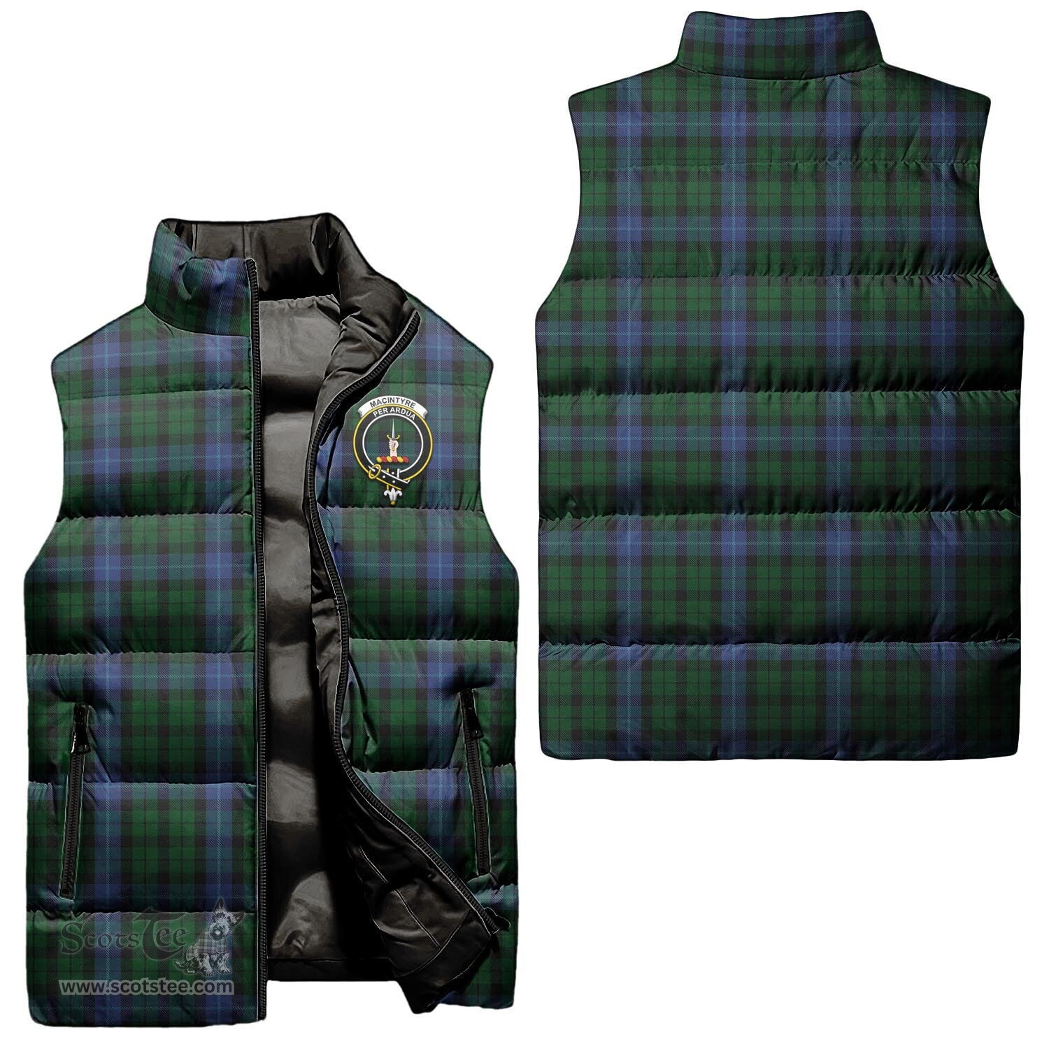 Scottish MacIntyre Clan Tartan Puffer Vest, Family Crest Plaid Sleeveless Down Jacket Scottish Plaid Tartan Plaid - ScotsTee - scotstee.com