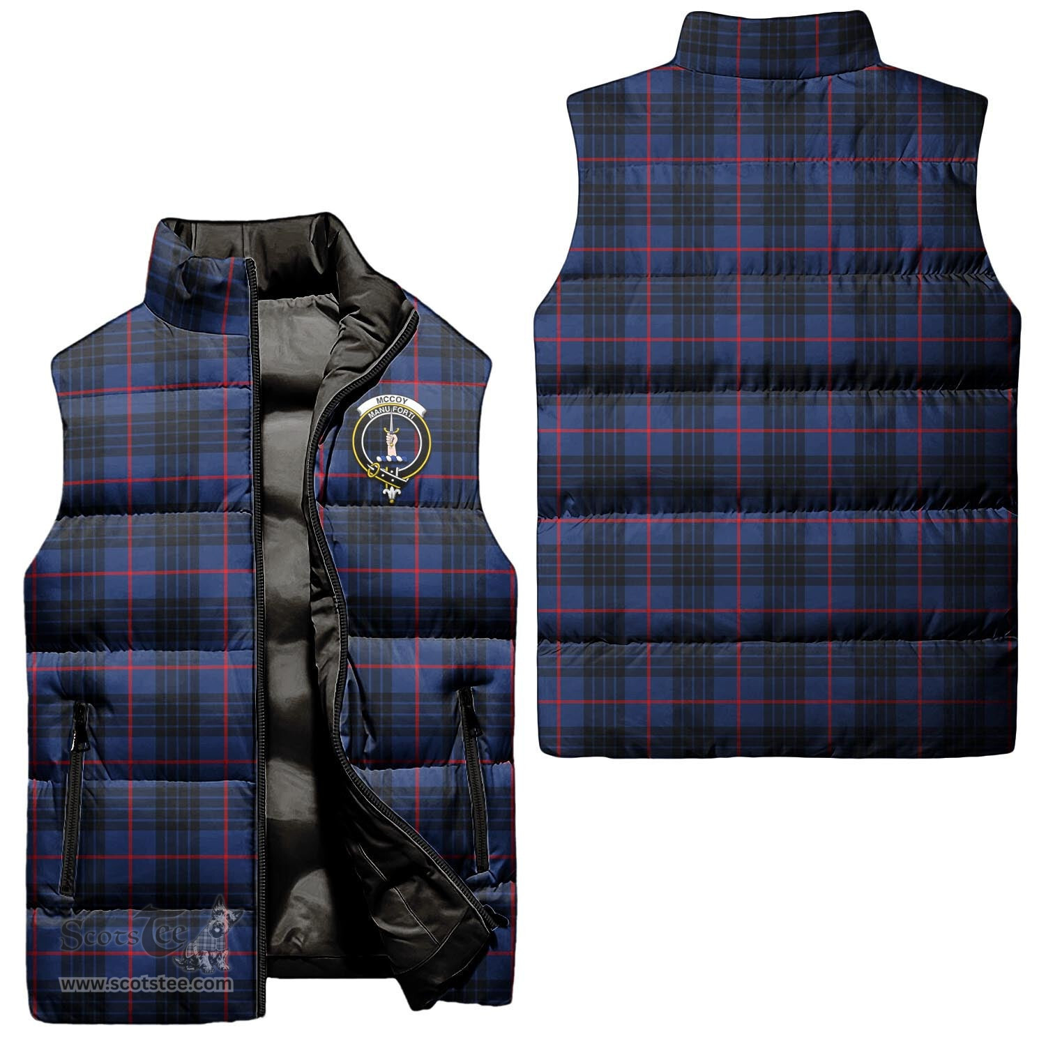 Scottish McCoy Blue Clan Tartan Puffer Vest, Family Crest Plaid Sleeveless Down Jacket Scottish Plaid Tartan Plaid - ScotsTee - scotstee.com