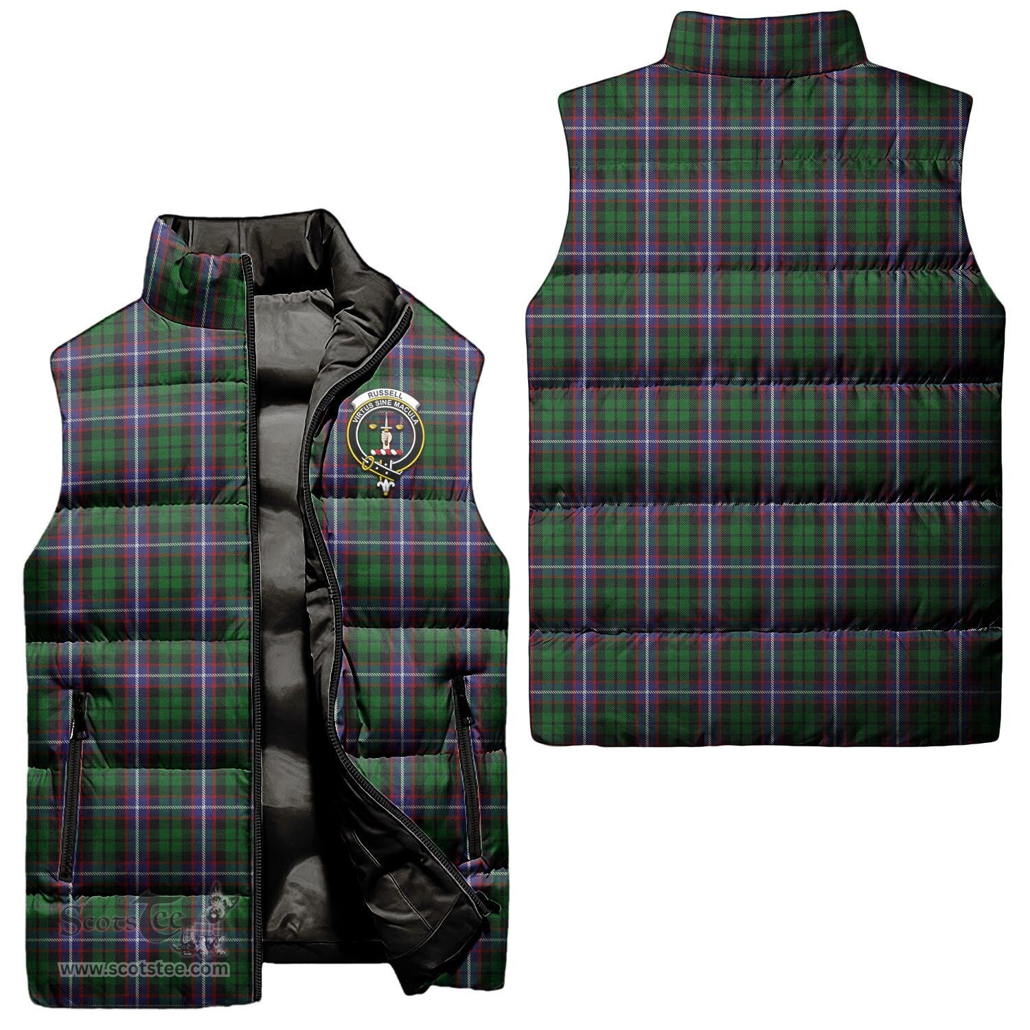 Scottish Russell Clan Tartan Puffer Vest, Family Crest Plaid Sleeveless Down Jacket Scottish Plaid Tartan Plaid - ScotsTee - scotstee.com
