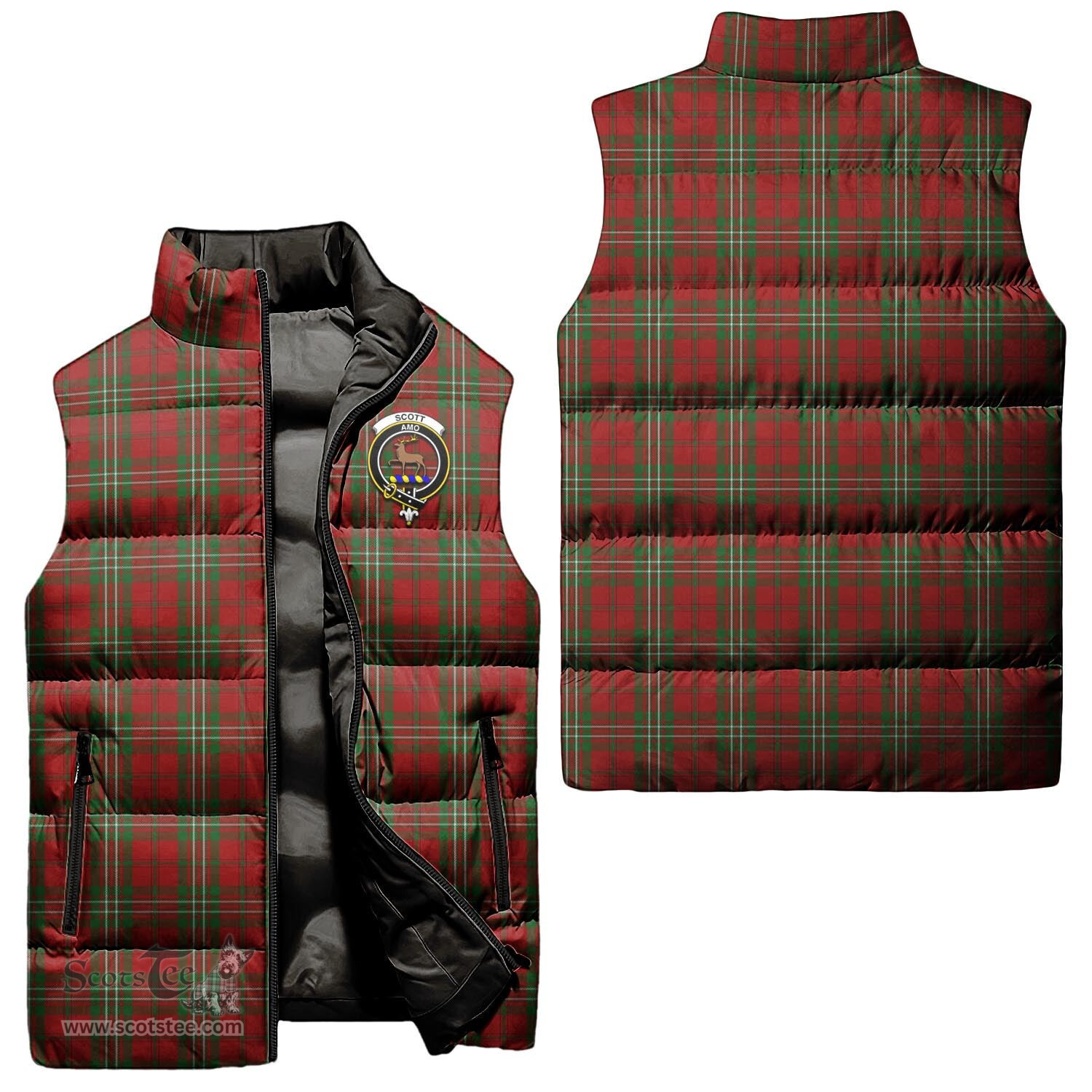 Scottish Scott Clan Tartan Puffer Vest, Family Crest Plaid Sleeveless Down Jacket Scottish Plaid Tartan Plaid - ScotsTee - scotstee.com