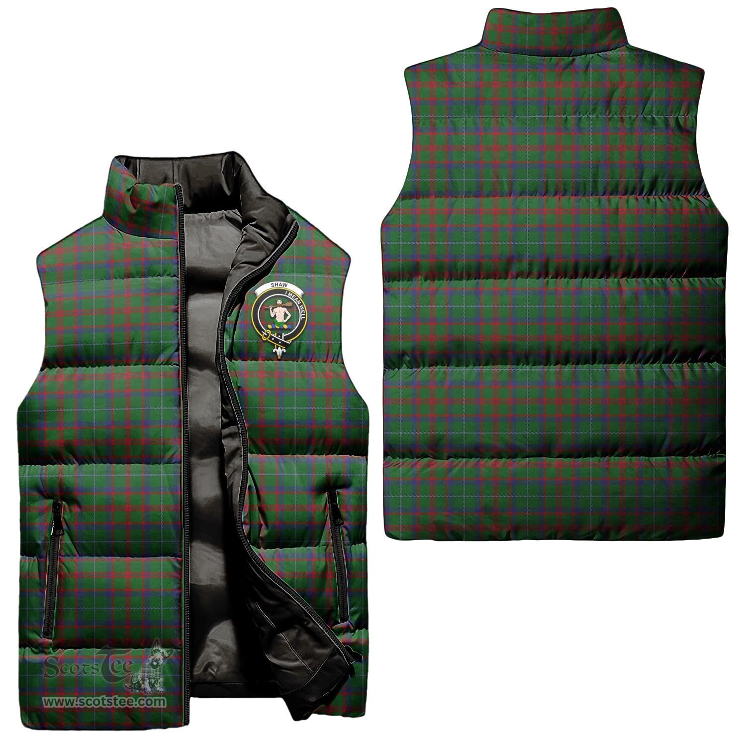 Scottish Shaw of Tordarroch Green Hunting Clan Tartan Puffer Vest, Family Crest Plaid Sleeveless Down Jacket Scottish Plaid Tartan Plaid - ScotsTee - scotstee.com