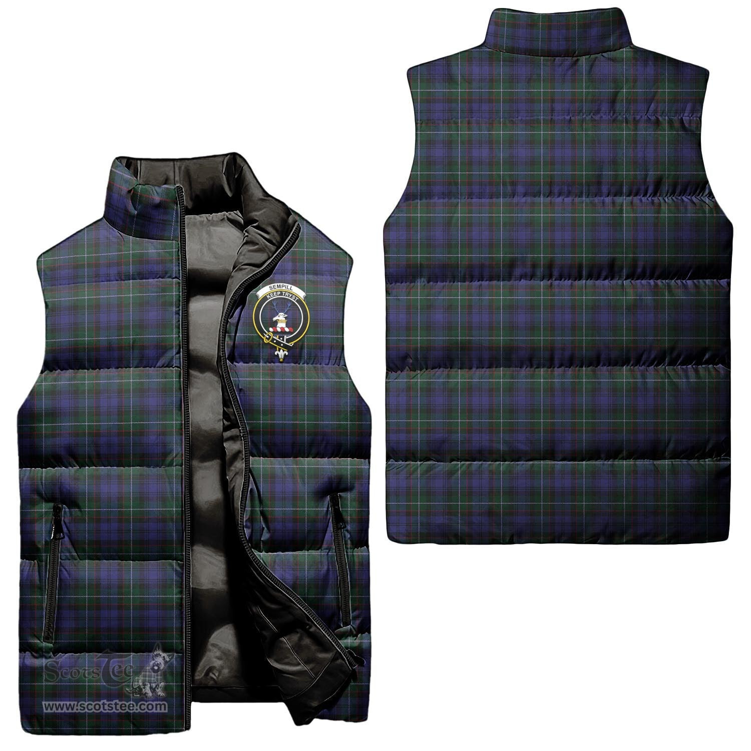 Scottish Sempill Clan Tartan Puffer Vest, Family Crest Plaid Sleeveless Down Jacket Scottish Plaid Tartan Plaid - ScotsTee - scotstee.com