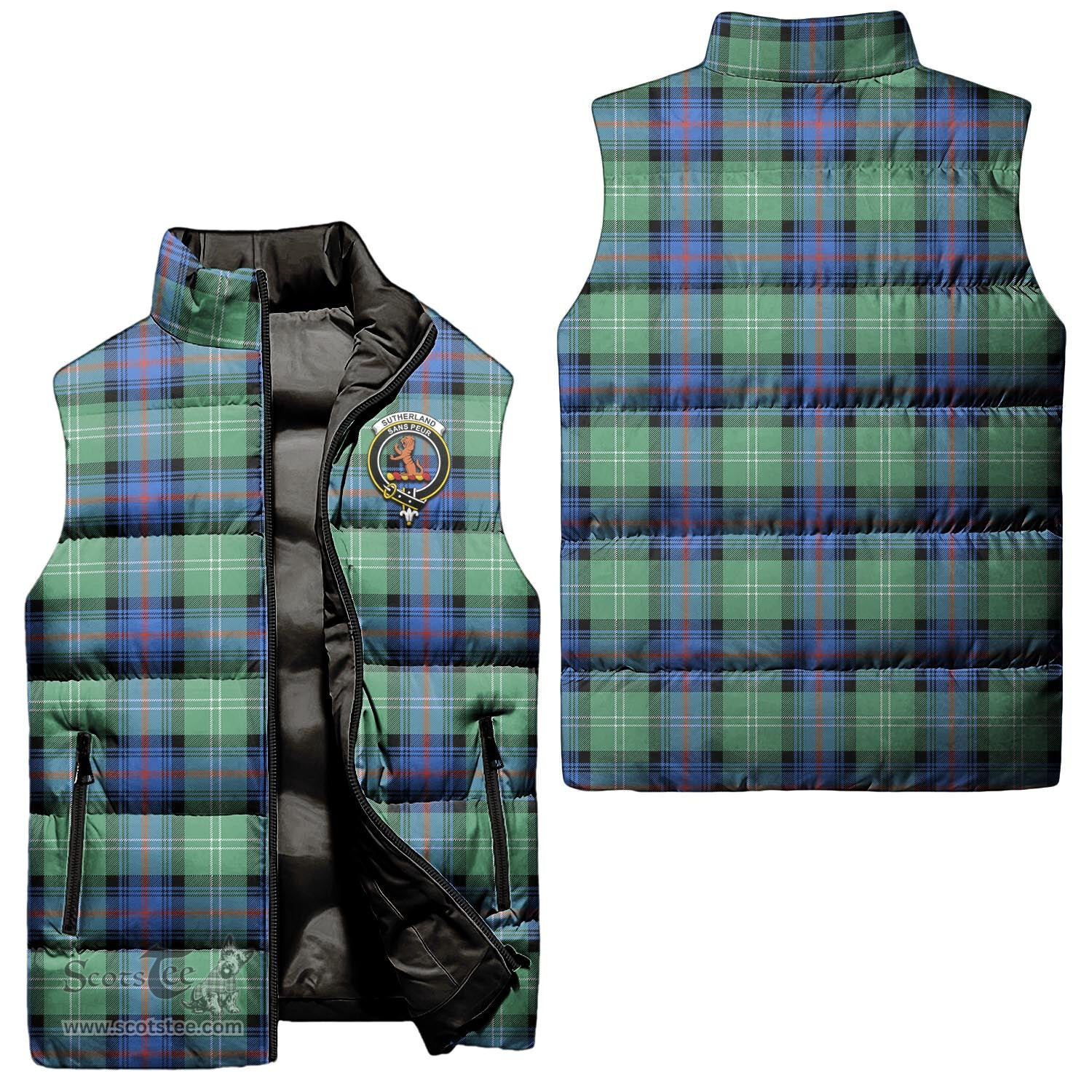 Scottish Sutherland Ancient Clan Tartan Puffer Vest, Family Crest Plaid Sleeveless Down Jacket Scottish Plaid Tartan Plaid - ScotsTee - scotstee.com