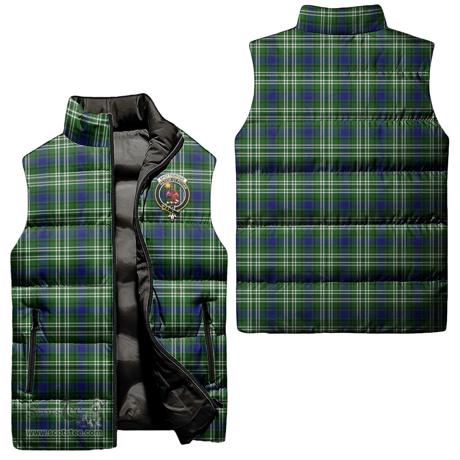 Scottish Spottiswood Clan Tartan Puffer Vest, Family Crest Plaid Sleeveless Down Jacket Scottish Plaid Tartan Plaid - ScotsTee - scotstee.com