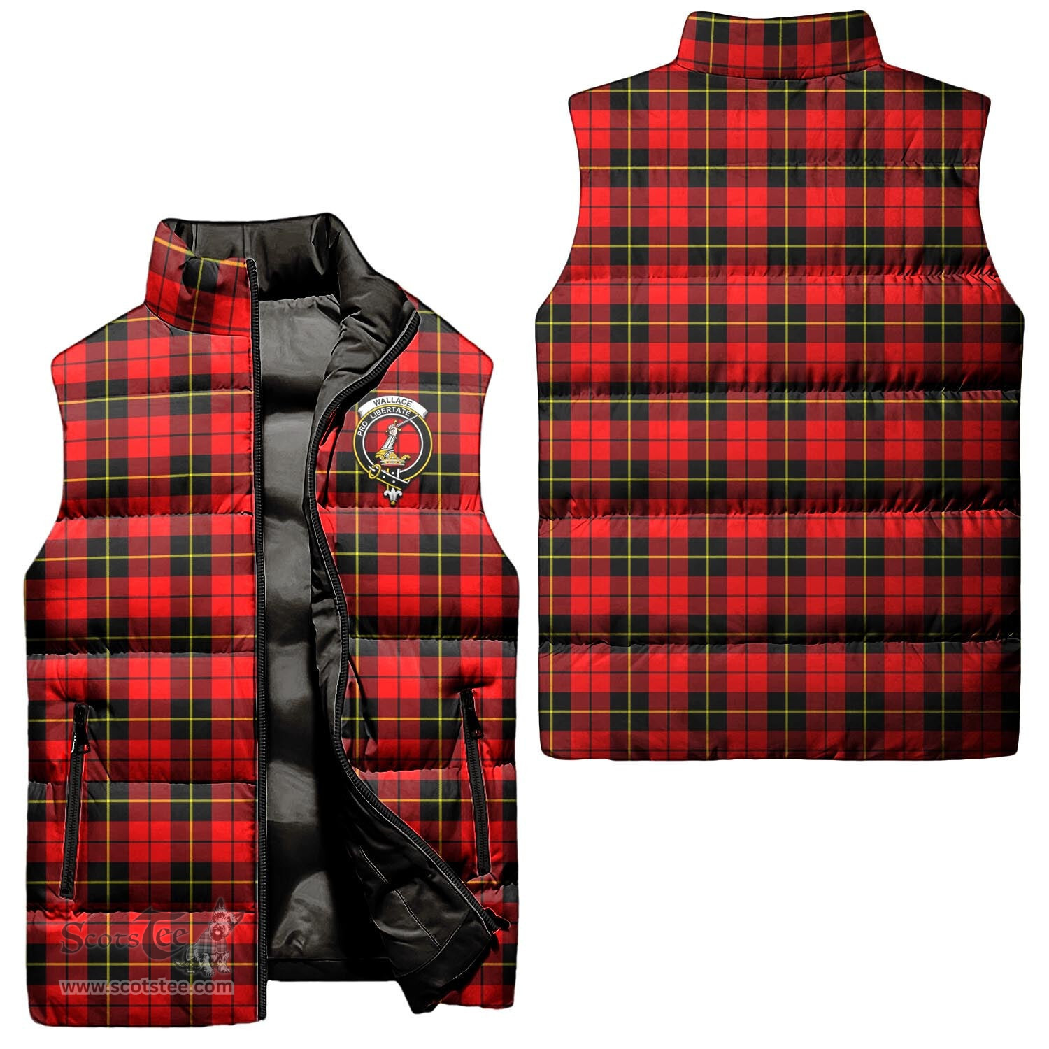 Scottish Wallace Hunting Red Clan Tartan Puffer Vest, Family Crest Plaid Sleeveless Down Jacket Scottish Plaid Tartan Plaid - ScotsTee - scotstee.com