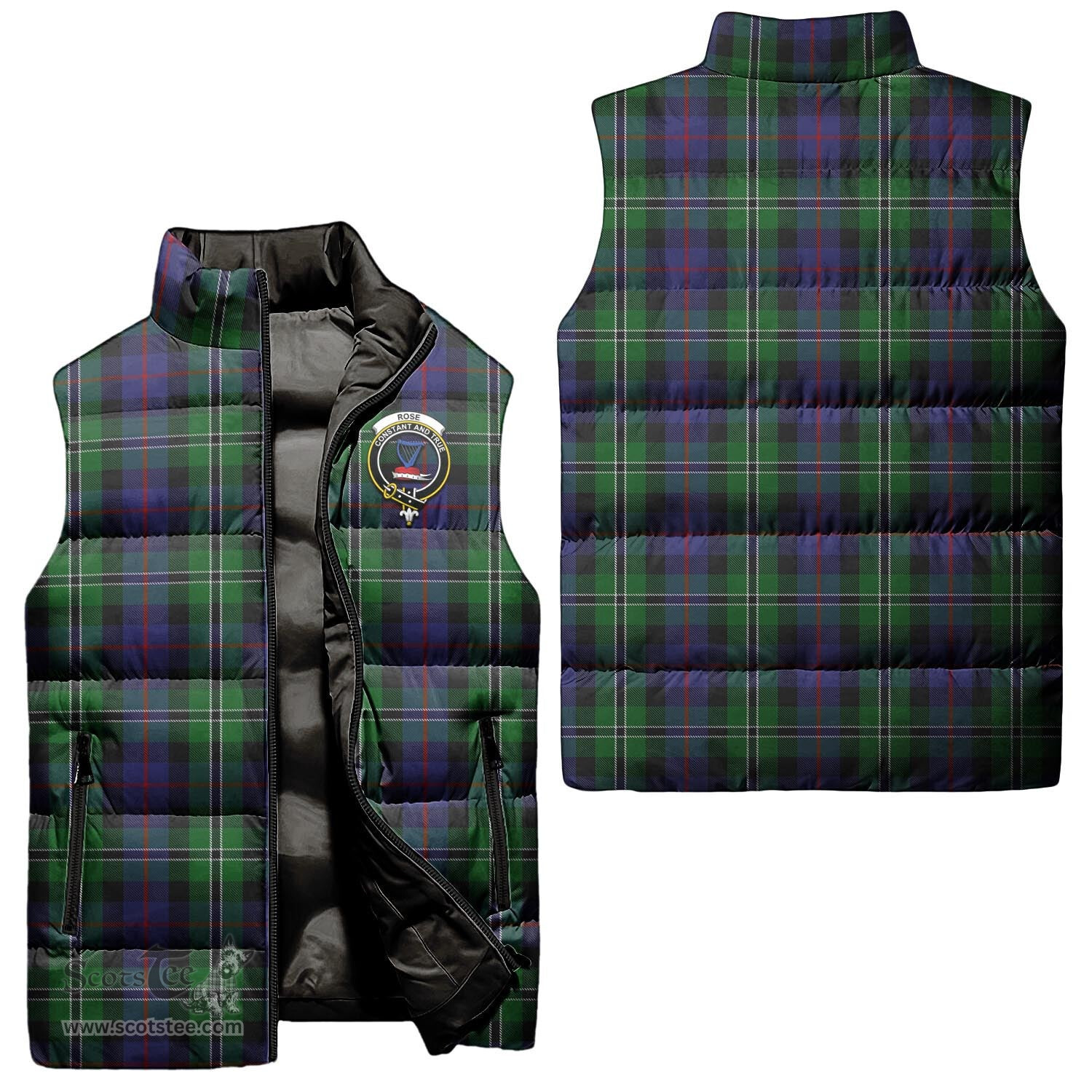 Scottish Rose Hunting Clan Tartan Puffer Vest, Family Crest Plaid Sleeveless Down Jacket Scottish Plaid Tartan Plaid - ScotsTee - scotstee.com