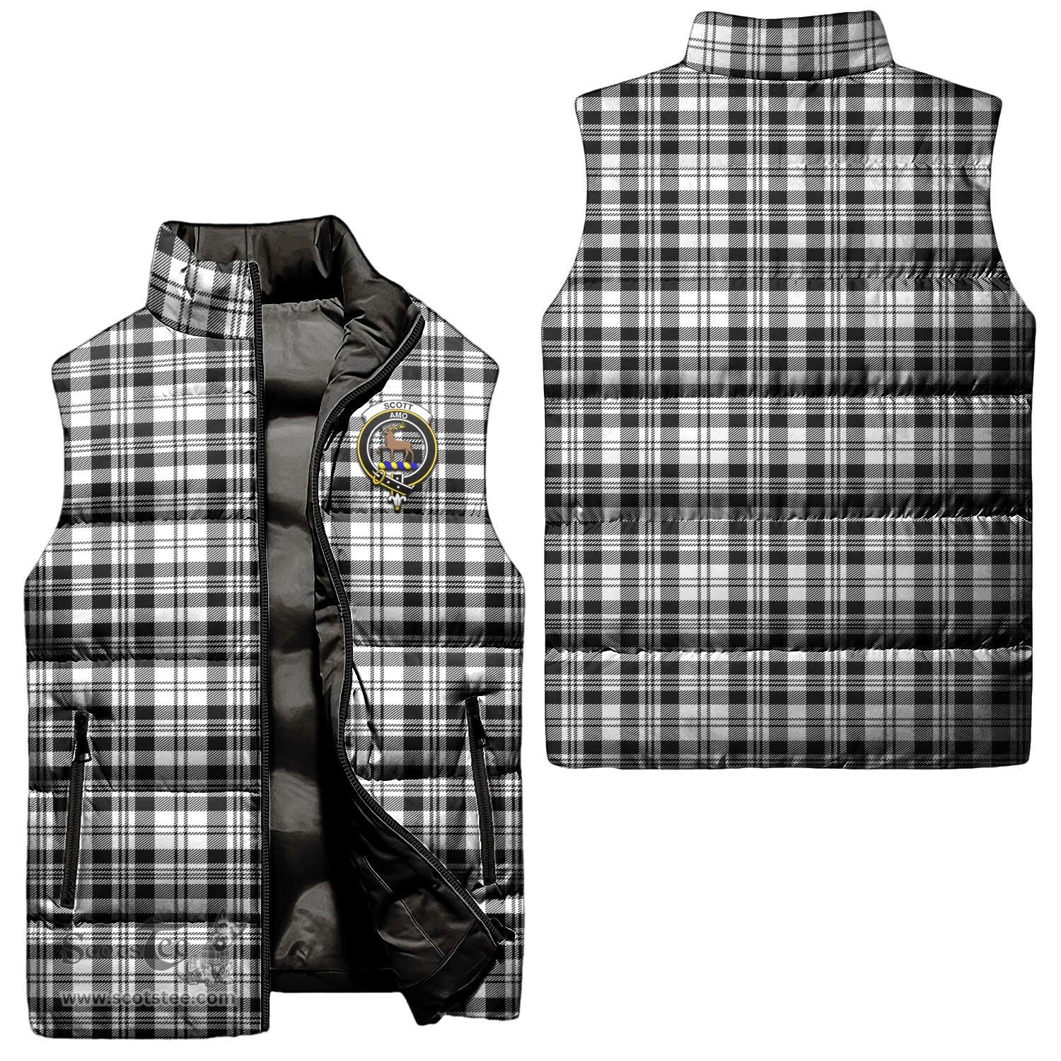 Scottish Scott Black White Clan Tartan Puffer Vest, Family Crest Plaid Sleeveless Down Jacket Scottish Plaid Tartan Plaid - ScotsTee - scotstee.com