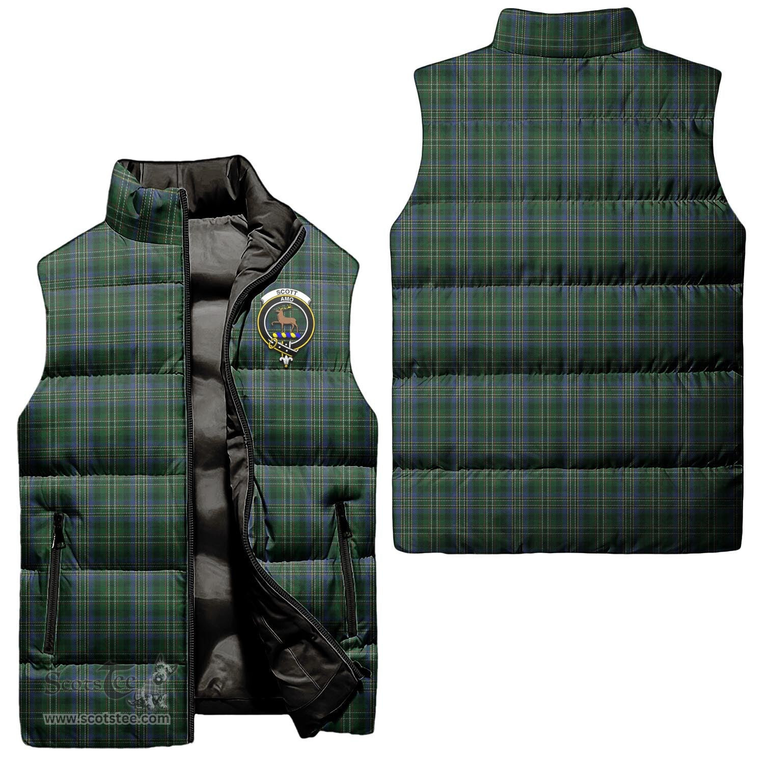 Scottish Scott Hunting Clan Tartan Puffer Vest, Family Crest Plaid Sleeveless Down Jacket Scottish Plaid Tartan Plaid - ScotsTee - scotstee.com