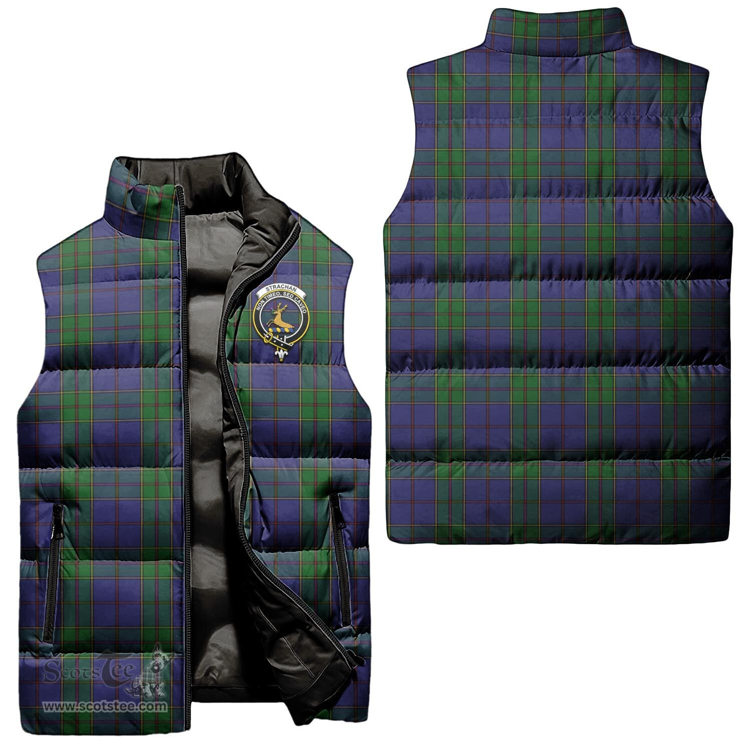 Scottish Strachan Clan Tartan Puffer Vest, Family Crest Plaid Sleeveless Down Jacket Scottish Plaid Tartan Plaid - ScotsTee - scotstee.com