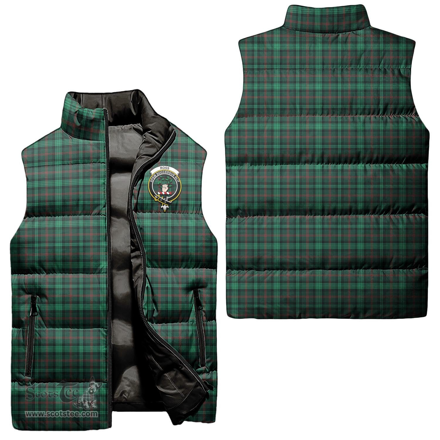 Scottish Ross Hunting Modern Clan Tartan Puffer Vest, Family Crest Plaid Sleeveless Down Jacket Scottish Plaid Tartan Plaid - ScotsTee - scotstee.com