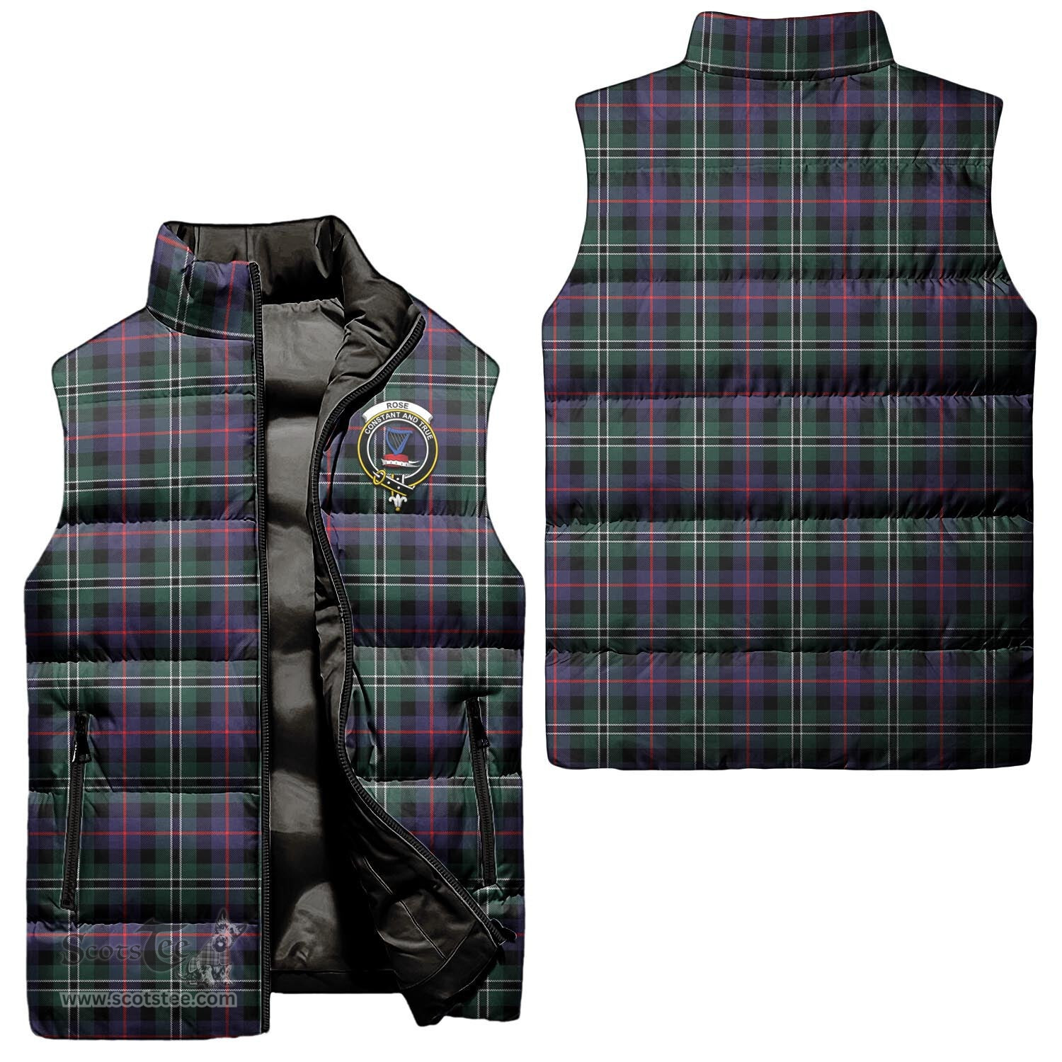 Scottish Rose Hunting Modern Clan Tartan Puffer Vest, Family Crest Plaid Sleeveless Down Jacket Scottish Plaid Tartan Plaid - ScotsTee - scotstee.com