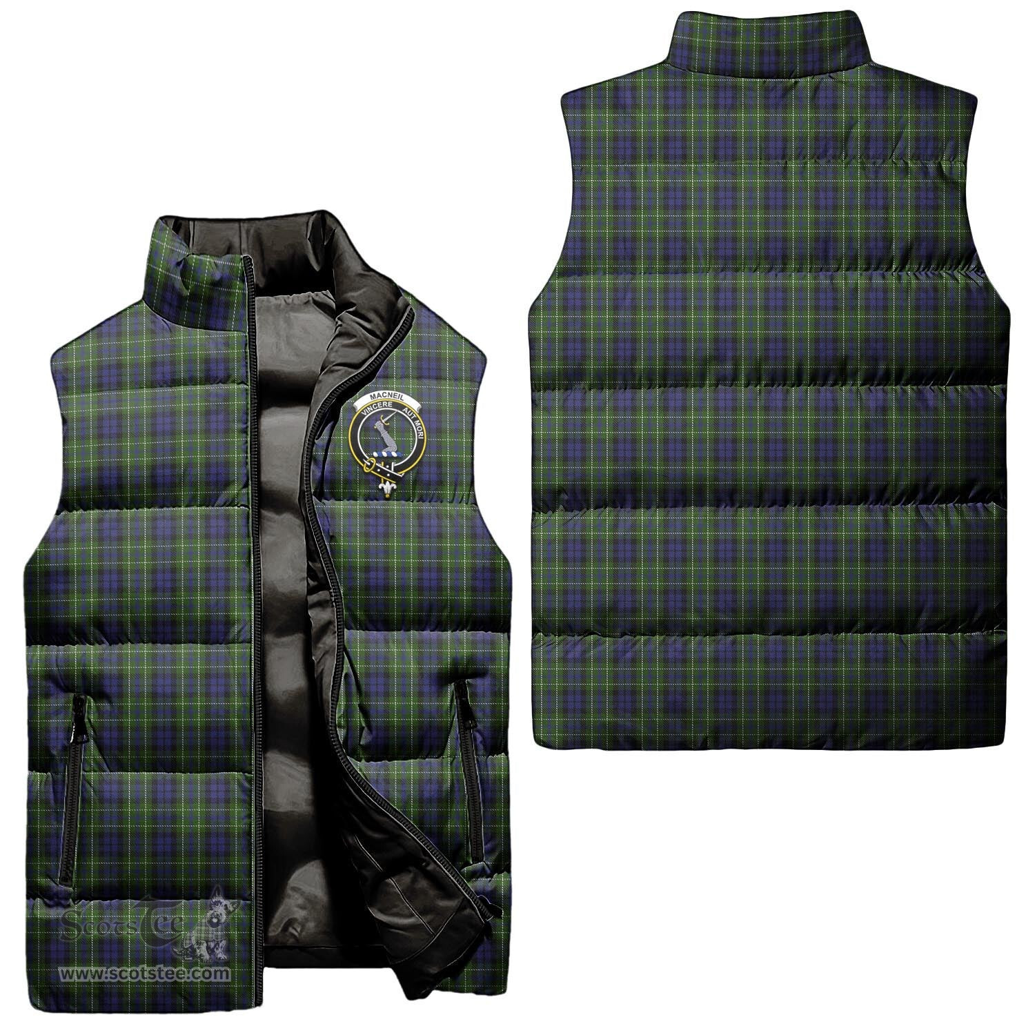 Scottish MacNeil of Colonsay Clan Tartan Puffer Vest, Family Crest Plaid Sleeveless Down Jacket Scottish Plaid Tartan Plaid - ScotsTee - scotstee.com
