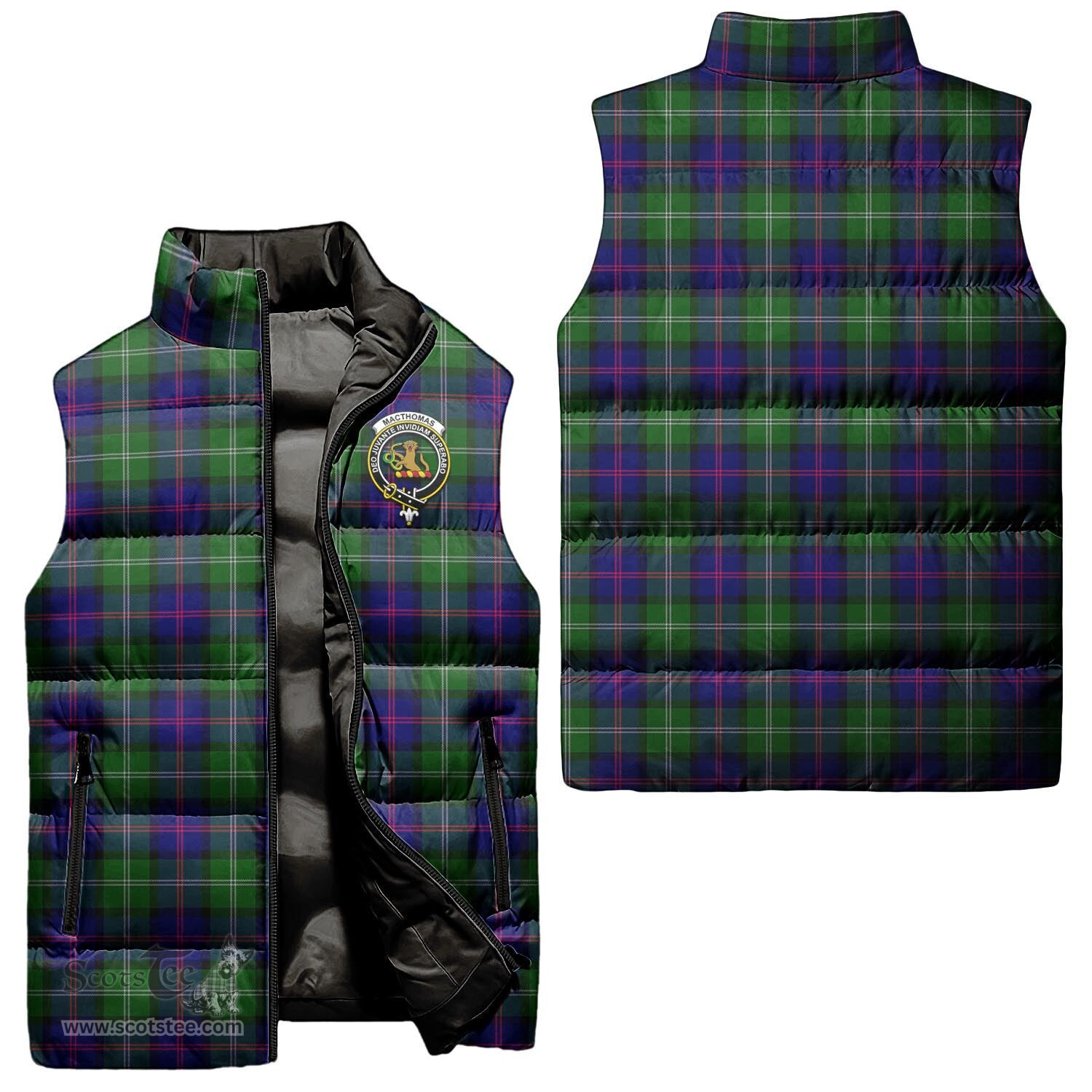 Scottish MacThomas Modern Clan Tartan Puffer Vest, Family Crest Plaid Sleeveless Down Jacket Scottish Plaid Tartan Plaid - ScotsTee - scotstee.com