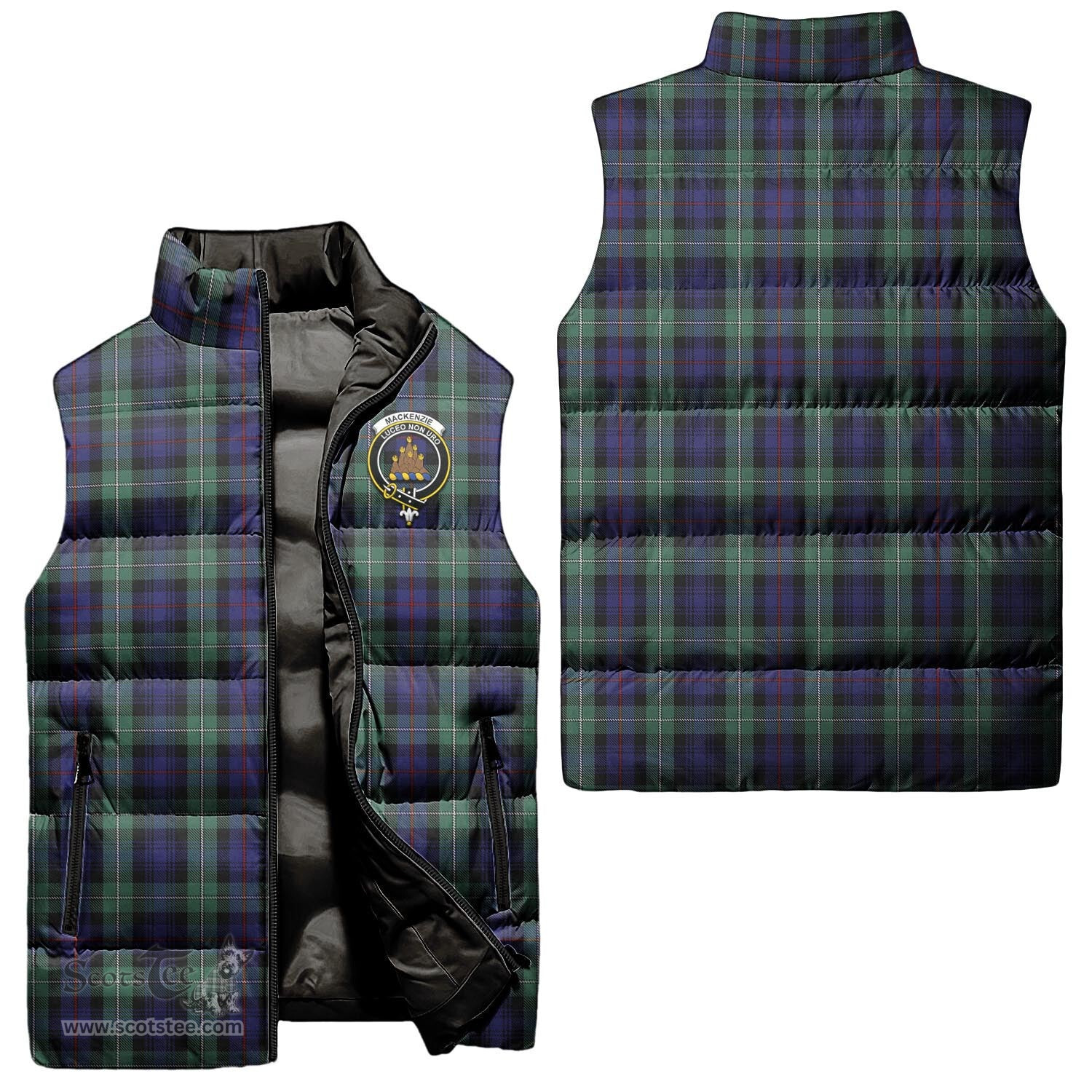 Scottish MacKenzie Hunting Green Clan Tartan Puffer Vest, Family Crest Plaid Sleeveless Down Jacket Scottish Plaid Tartan Plaid - ScotsTee - scotstee.com