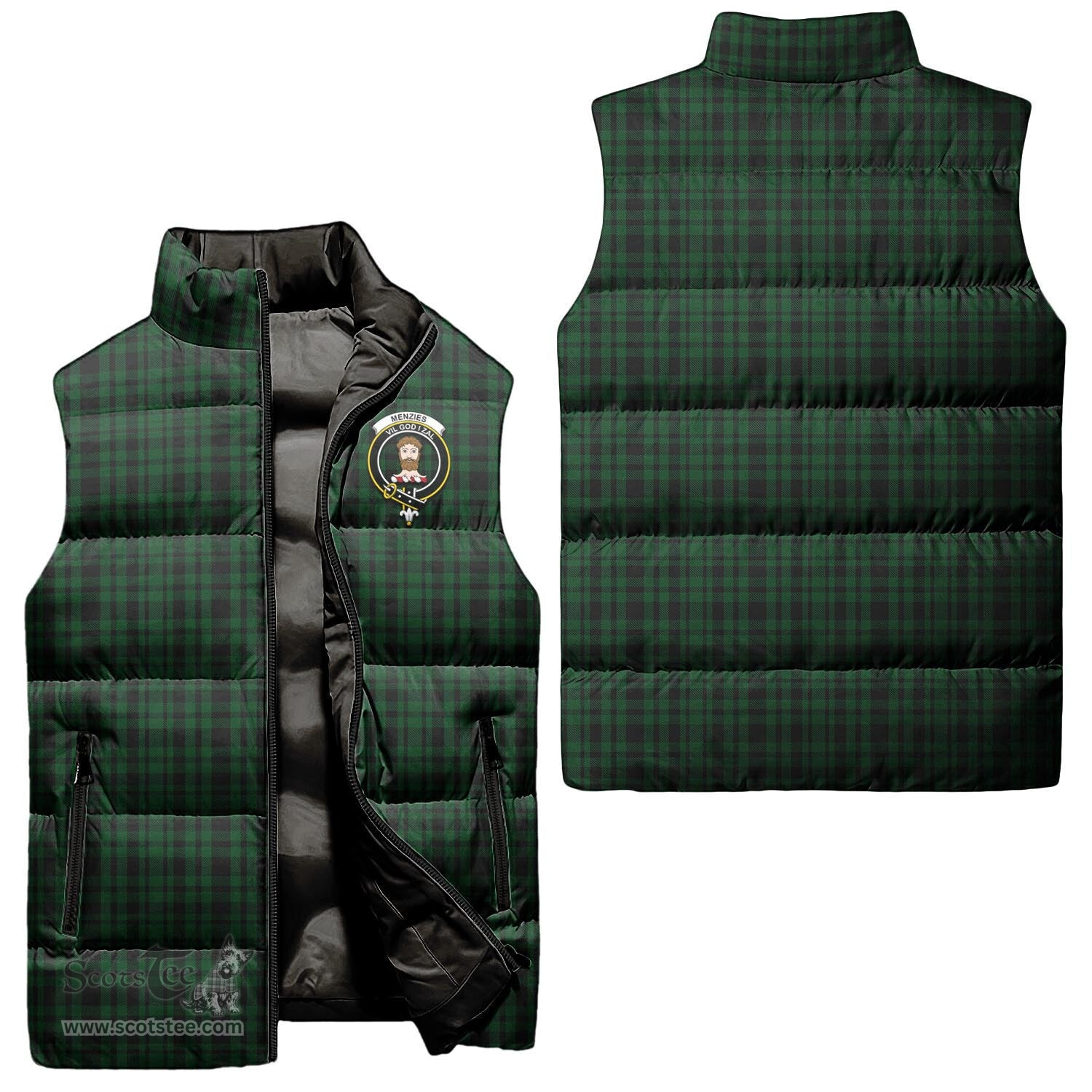 Scottish Menzies Green Clan Tartan Puffer Vest, Family Crest Plaid Sleeveless Down Jacket Scottish Plaid Tartan Plaid - ScotsTee - scotstee.com