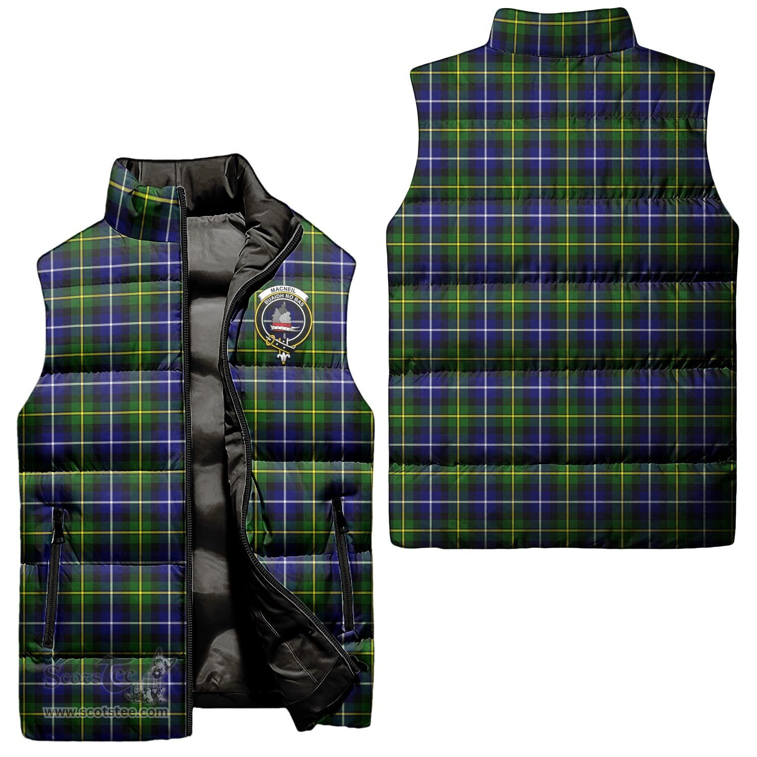 Scottish MacNeil of Barra Modern Clan Tartan Puffer Vest, Family Crest Plaid Sleeveless Down Jacket Scottish Plaid Tartan Plaid - ScotsTee - scotstee.com