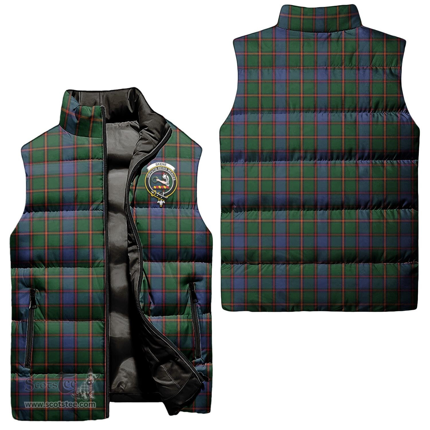Scottish Skene Clan Tartan Puffer Vest, Family Crest Plaid Sleeveless Down Jacket Scottish Plaid Tartan Plaid - ScotsTee - scotstee.com