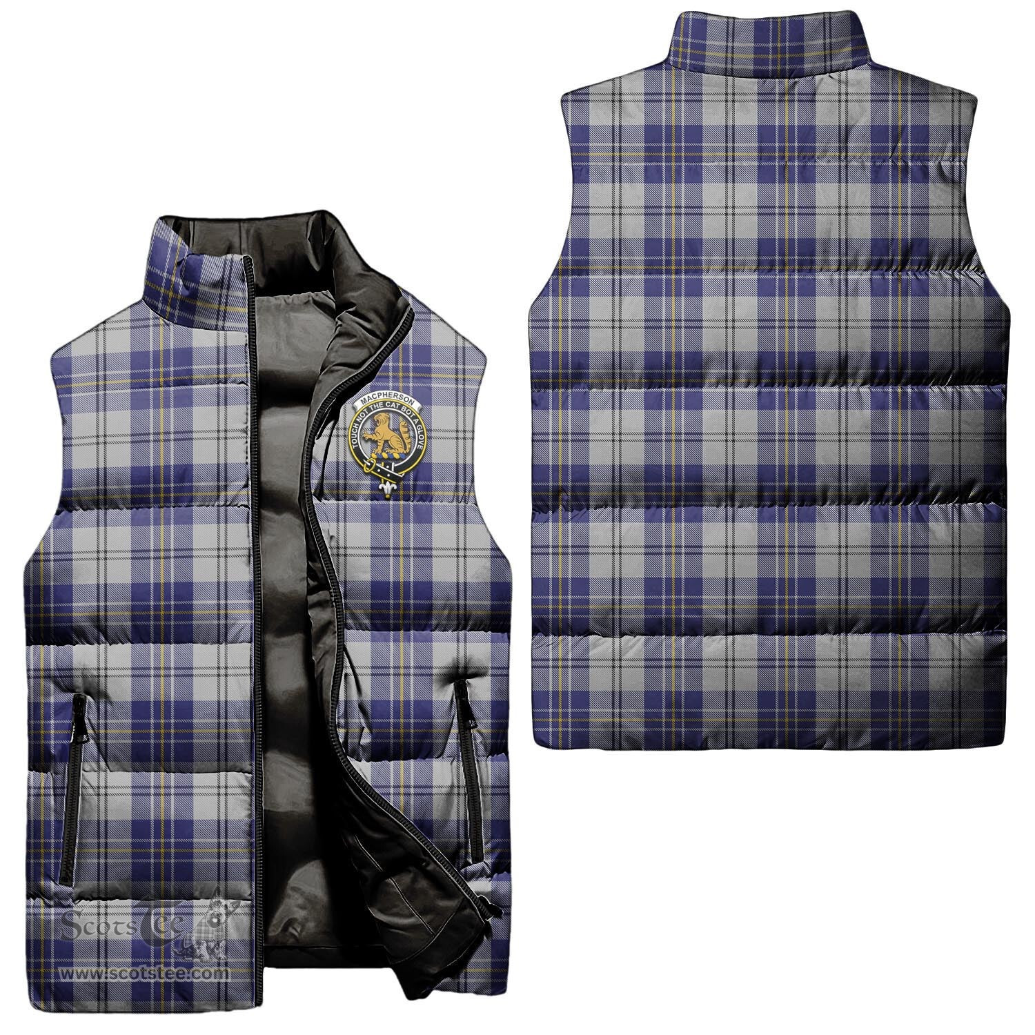 Scottish MacPherson Dress Blue Clan Tartan Puffer Vest, Family Crest Plaid Sleeveless Down Jacket Scottish Plaid Tartan Plaid - ScotsTee - scotstee.com