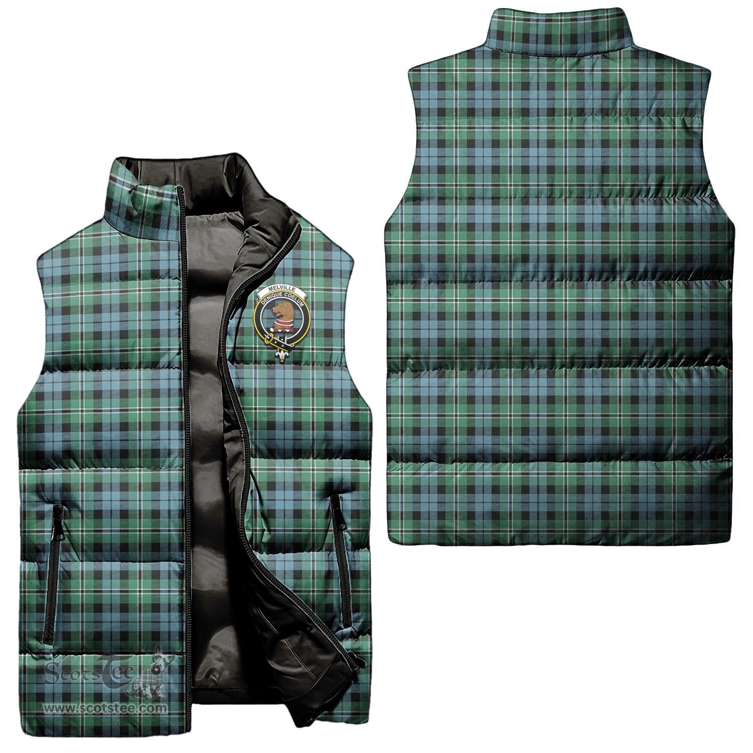 Scottish Melville Ancient Clan Tartan Puffer Vest, Family Crest Plaid Sleeveless Down Jacket Scottish Plaid Tartan Plaid - ScotsTee - scotstee.com
