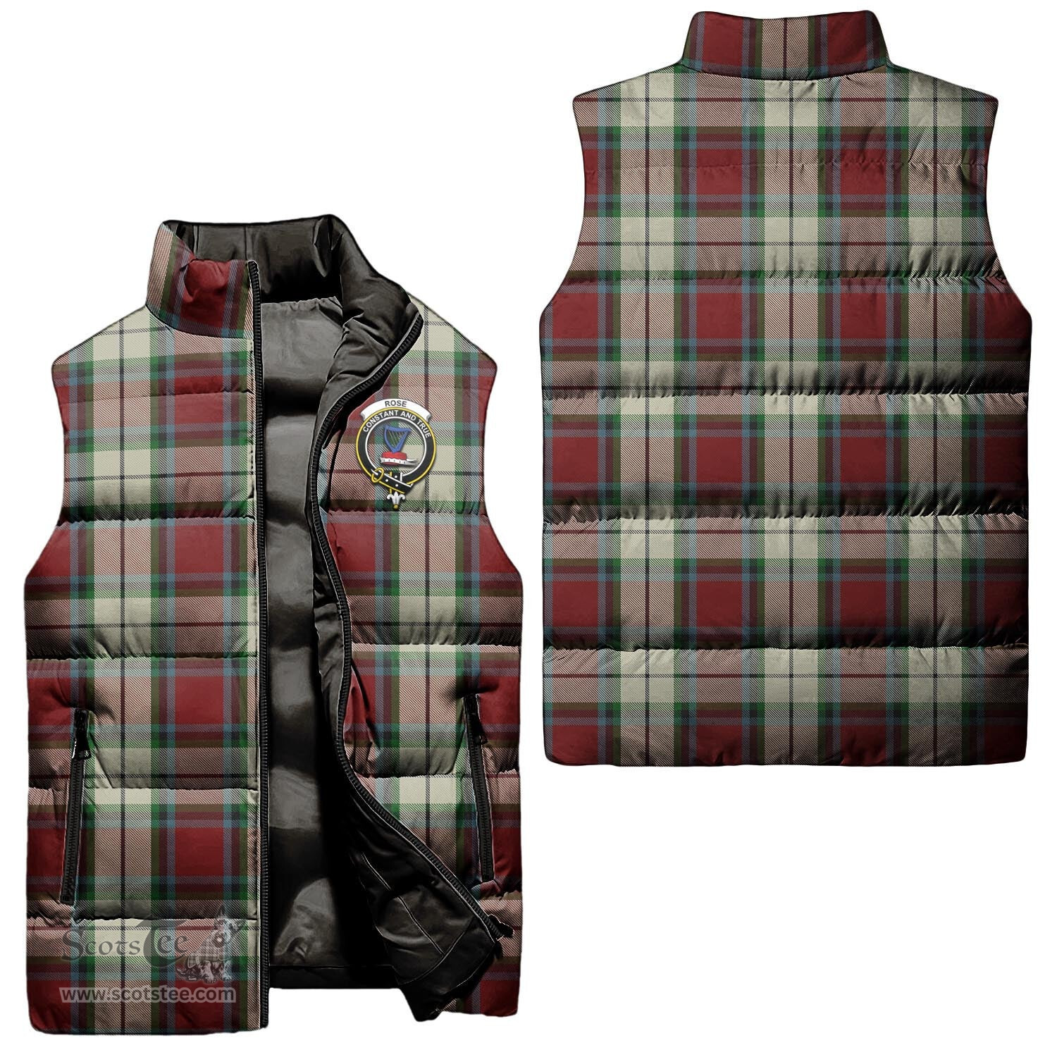 Scottish Rose White Dress Clan Tartan Puffer Vest, Family Crest Plaid Sleeveless Down Jacket Scottish Plaid Tartan Plaid - ScotsTee - scotstee.com