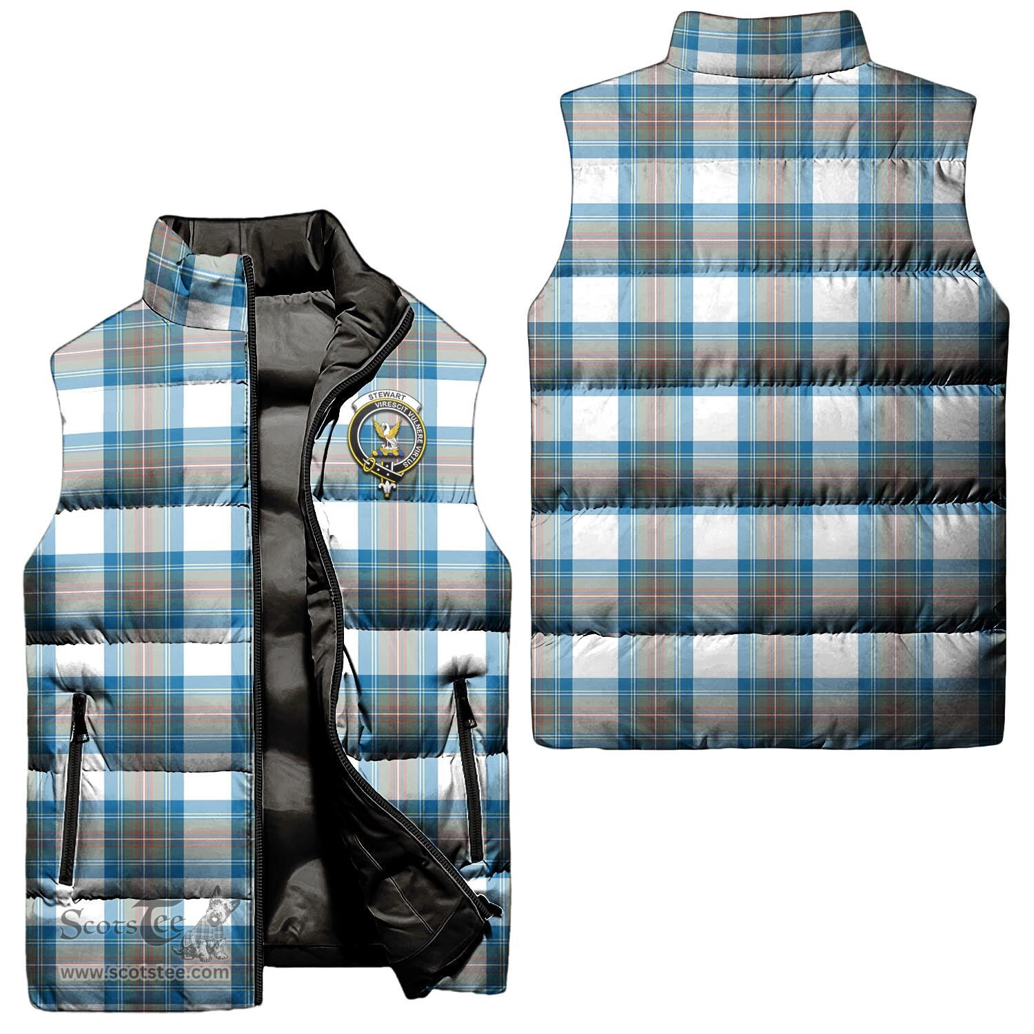 Scottish Stewart Muted Blue Clan Tartan Puffer Vest, Family Crest Plaid Sleeveless Down Jacket Scottish Plaid Tartan Plaid - ScotsTee - scotstee.com