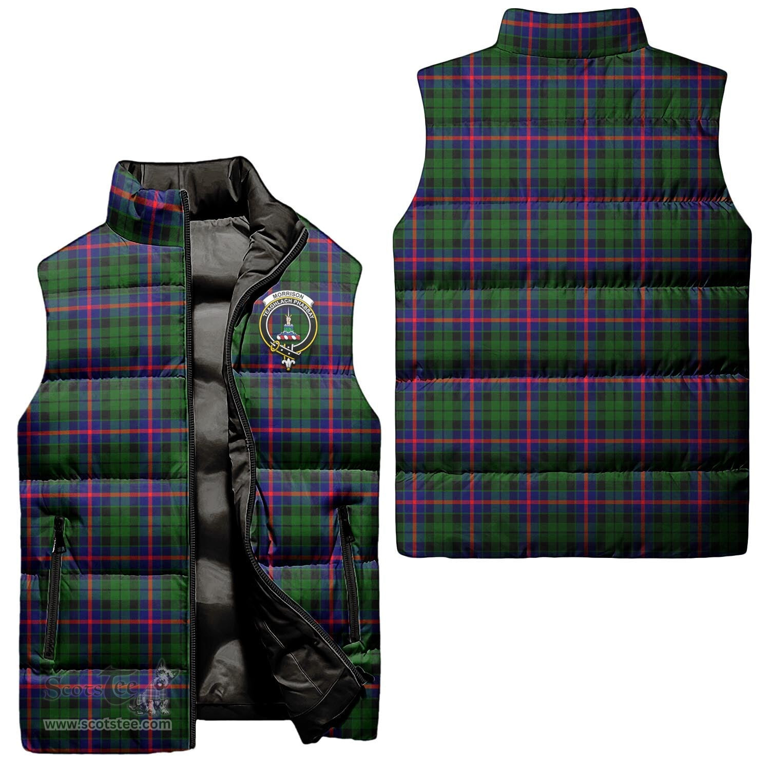Scottish Morrison Modern Clan Tartan Puffer Vest, Family Crest Plaid Sleeveless Down Jacket Scottish Plaid Tartan Plaid - ScotsTee - scotstee.com