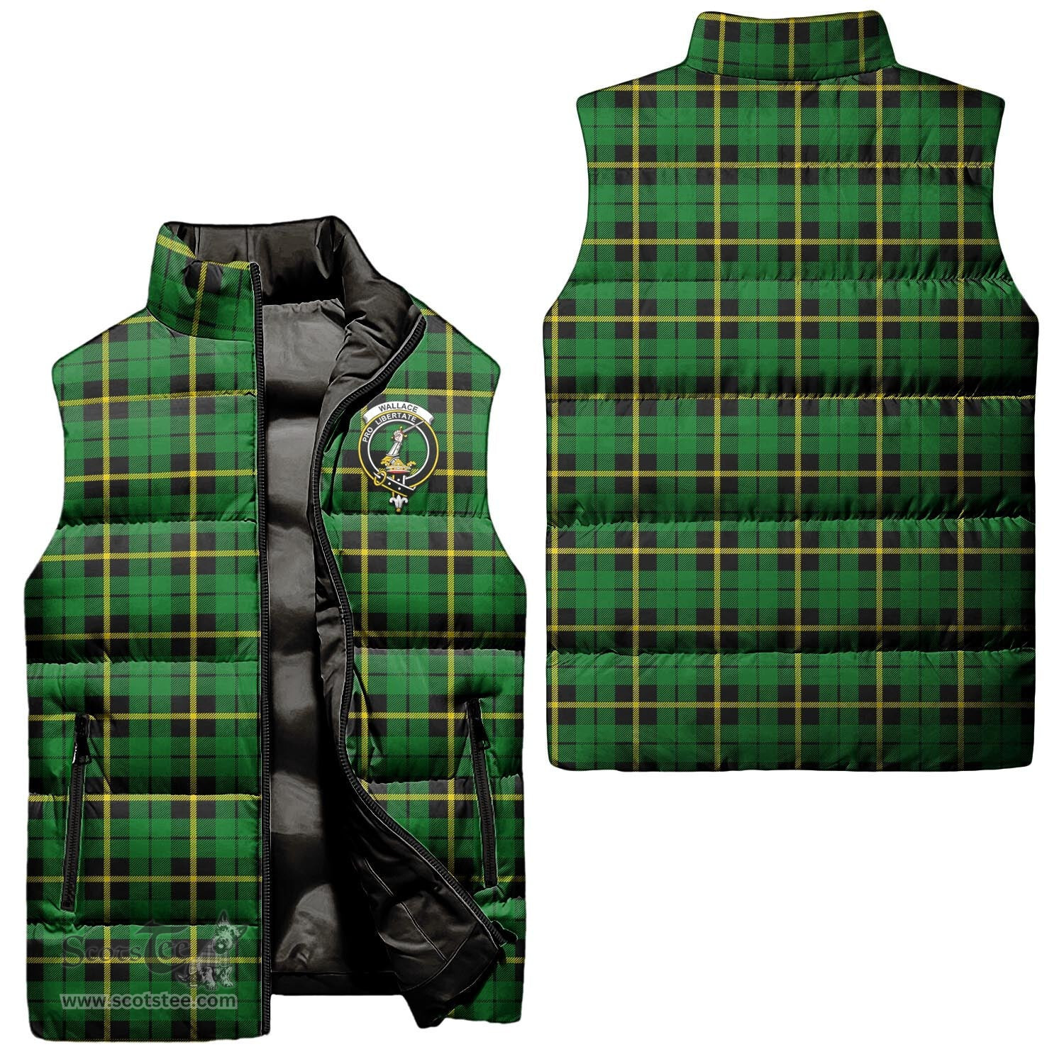 Scottish Wallace Hunting Green Clan Tartan Puffer Vest, Family Crest Plaid Sleeveless Down Jacket Scottish Plaid Tartan Plaid - ScotsTee - scotstee.com