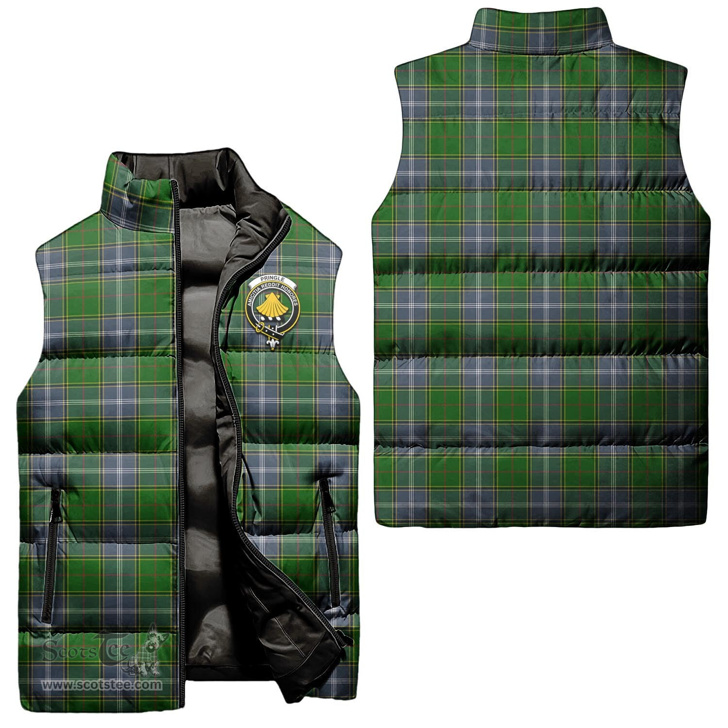 Scottish Pringle Clan Tartan Puffer Vest, Family Crest Plaid Sleeveless Down Jacket Scottish Plaid Tartan Plaid - ScotsTee - scotstee.com
