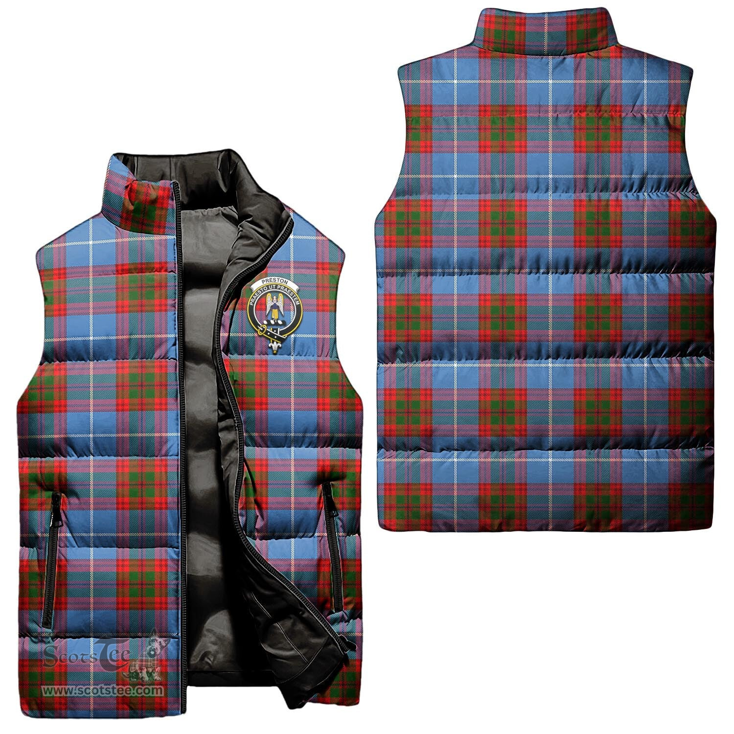 Scottish Preston Clan Tartan Puffer Vest, Family Crest Plaid Sleeveless Down Jacket Scottish Plaid Tartan Plaid - ScotsTee - scotstee.com