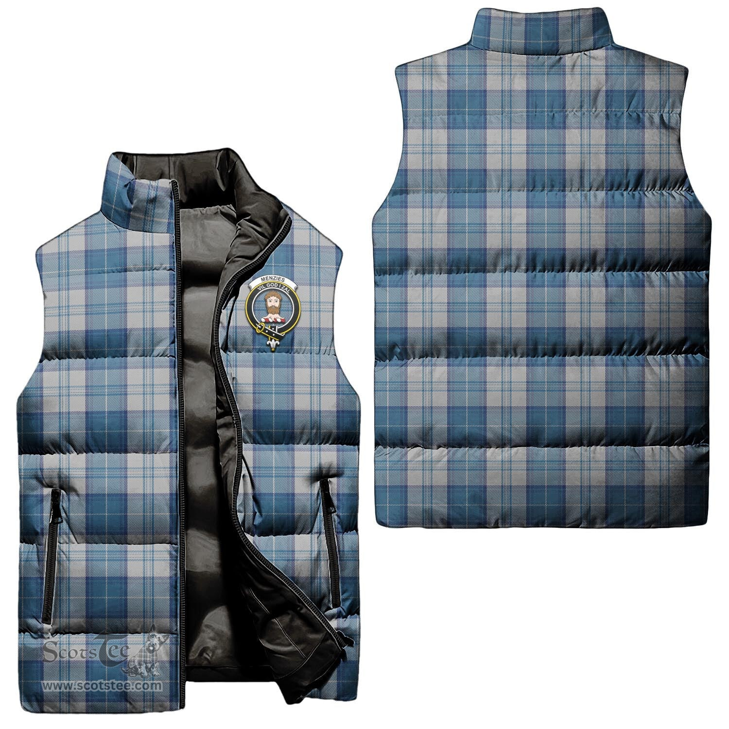 Scottish Menzies Dress Blue and White Clan Tartan Puffer Vest, Family Crest Plaid Sleeveless Down Jacket Scottish Plaid Tartan Plaid - ScotsTee - scotstee.com