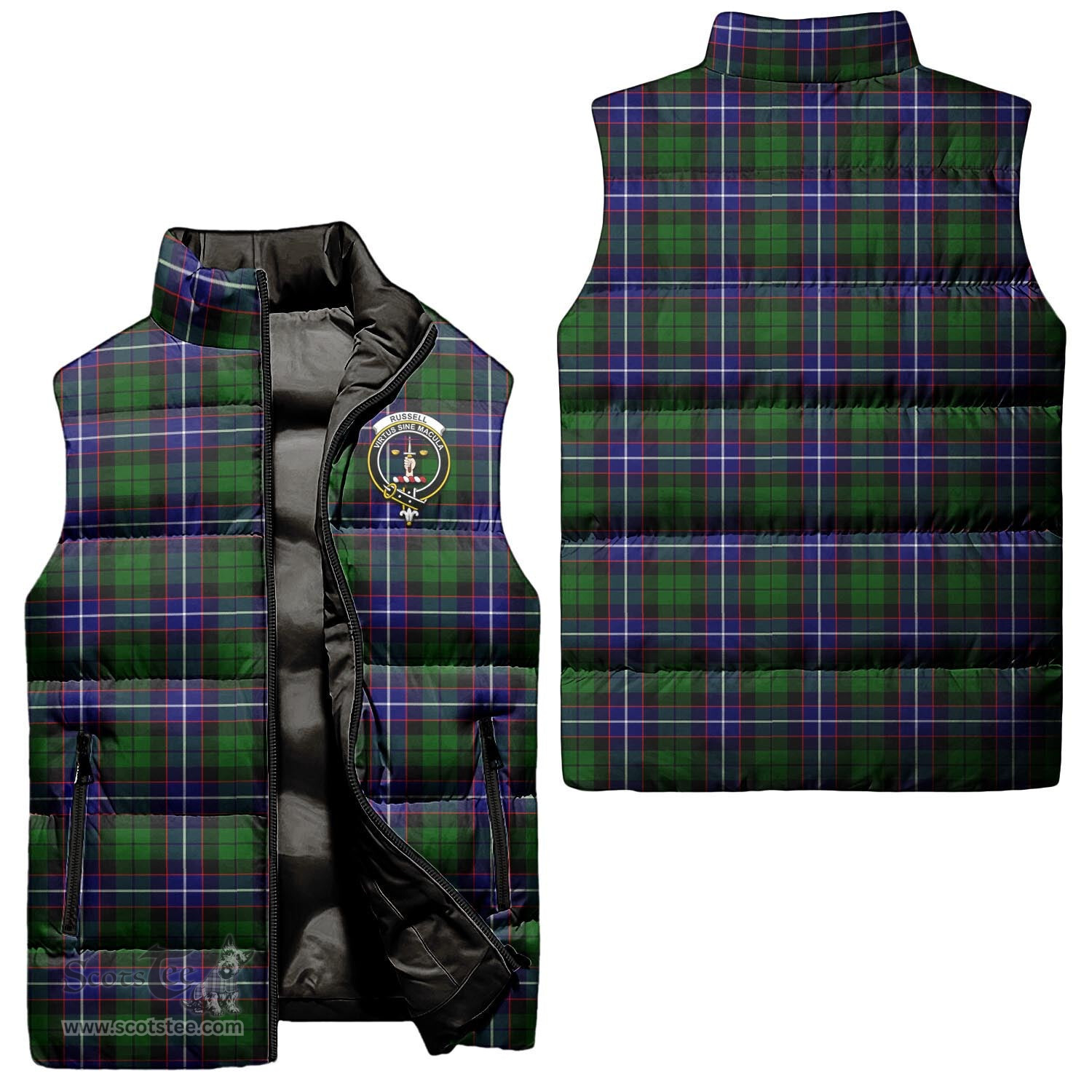 Scottish Russell Modern Clan Tartan Puffer Vest, Family Crest Plaid Sleeveless Down Jacket Scottish Plaid Tartan Plaid - ScotsTee - scotstee.com