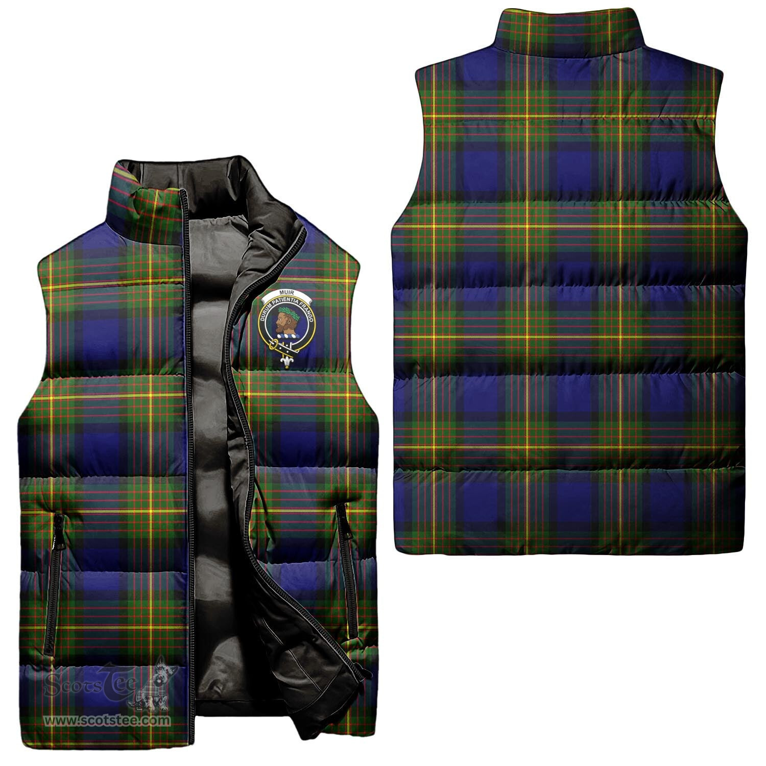 Scottish Muir Clan Tartan Puffer Vest, Family Crest Plaid Sleeveless Down Jacket Scottish Plaid Tartan Plaid - ScotsTee - scotstee.com