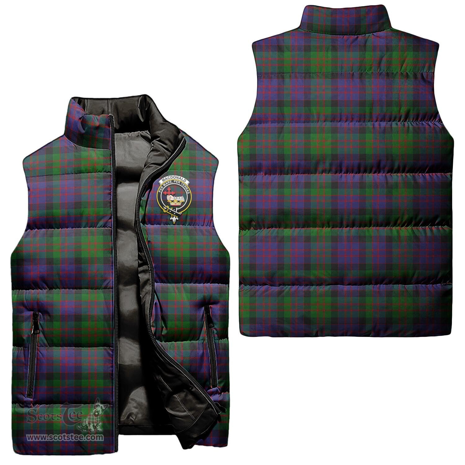 Scottish MacDonald Clan Tartan Puffer Vest, Family Crest Plaid Sleeveless Down Jacket Scottish Plaid Tartan Plaid - ScotsTee - scotstee.com