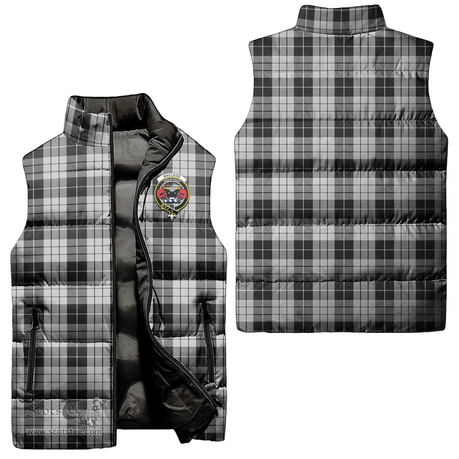 Scottish MacLeod Black and White Clan Tartan Puffer Vest, Family Crest Plaid Sleeveless Down Jacket Scottish Plaid Tartan Plaid - ScotsTee - scotstee.com