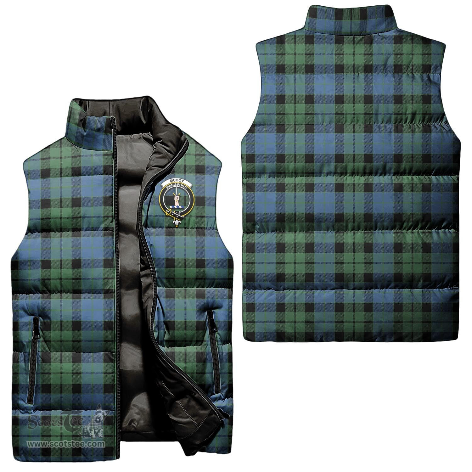 Scottish McCoy Ancient Clan Tartan Puffer Vest, Family Crest Plaid Sleeveless Down Jacket Scottish Plaid Tartan Plaid - ScotsTee - scotstee.com