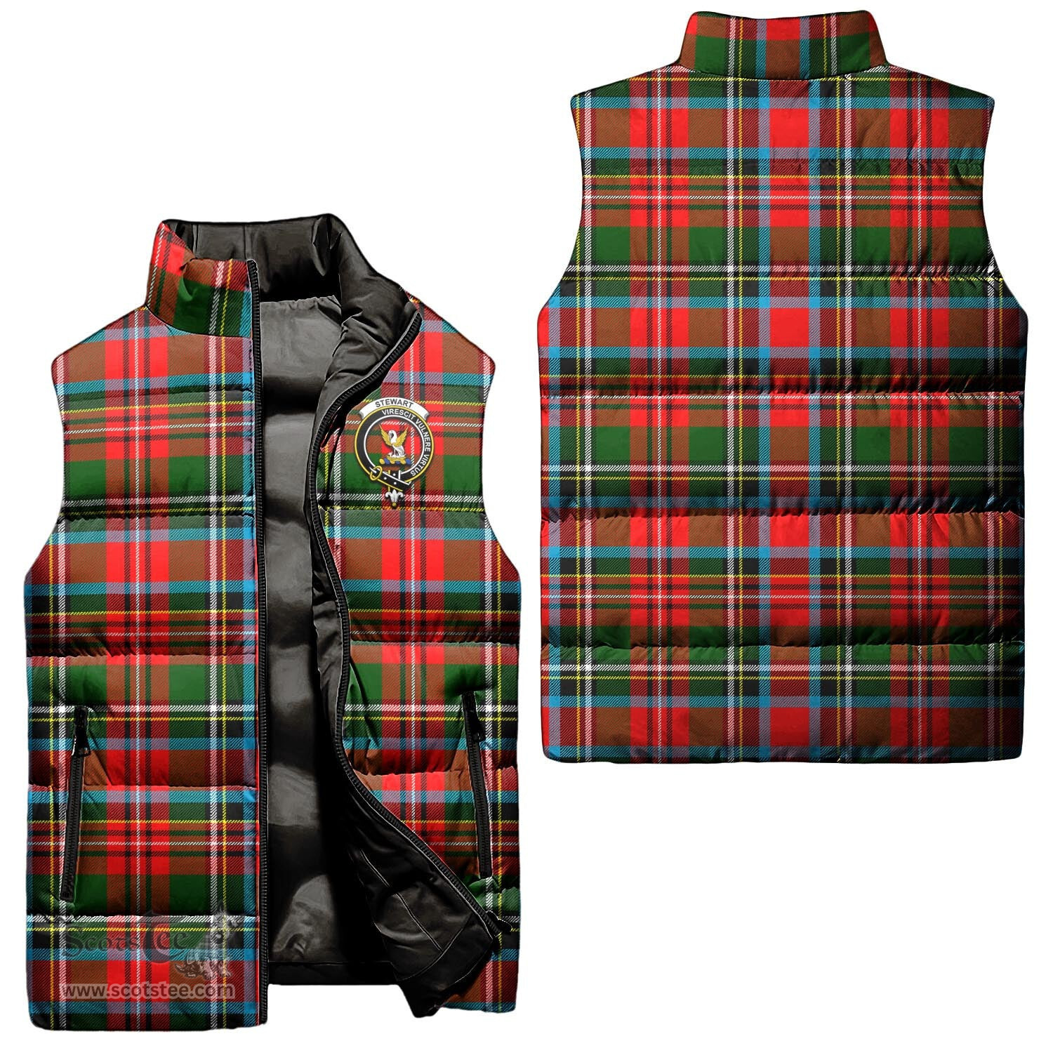 Scottish Stewart Royal Clan Tartan Puffer Vest, Family Crest Plaid Sleeveless Down Jacket Scottish Plaid Tartan Plaid - ScotsTee - scotstee.com