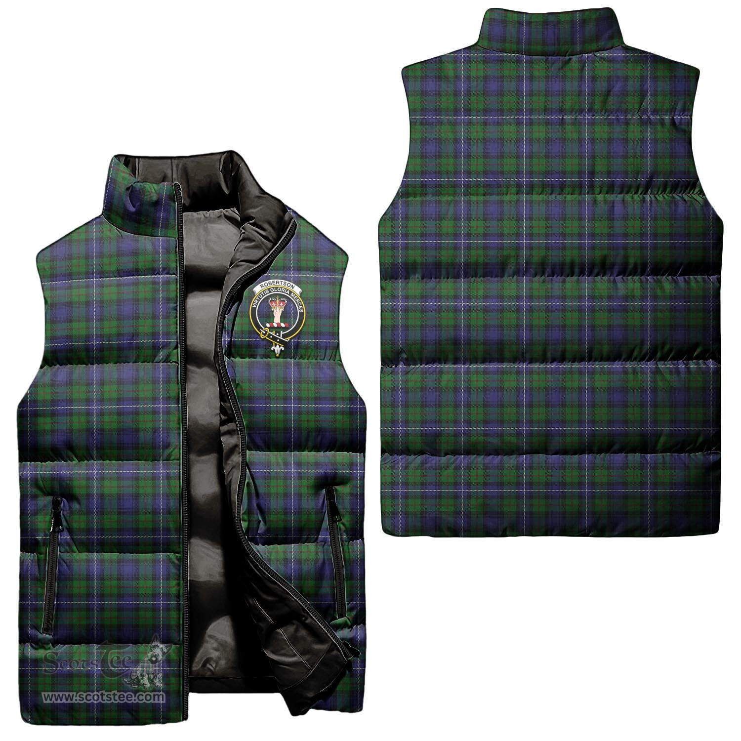 Scottish Robertson Hunting Clan Tartan Puffer Vest, Family Crest Plaid Sleeveless Down Jacket Scottish Plaid Tartan Plaid - ScotsTee - scotstee.com