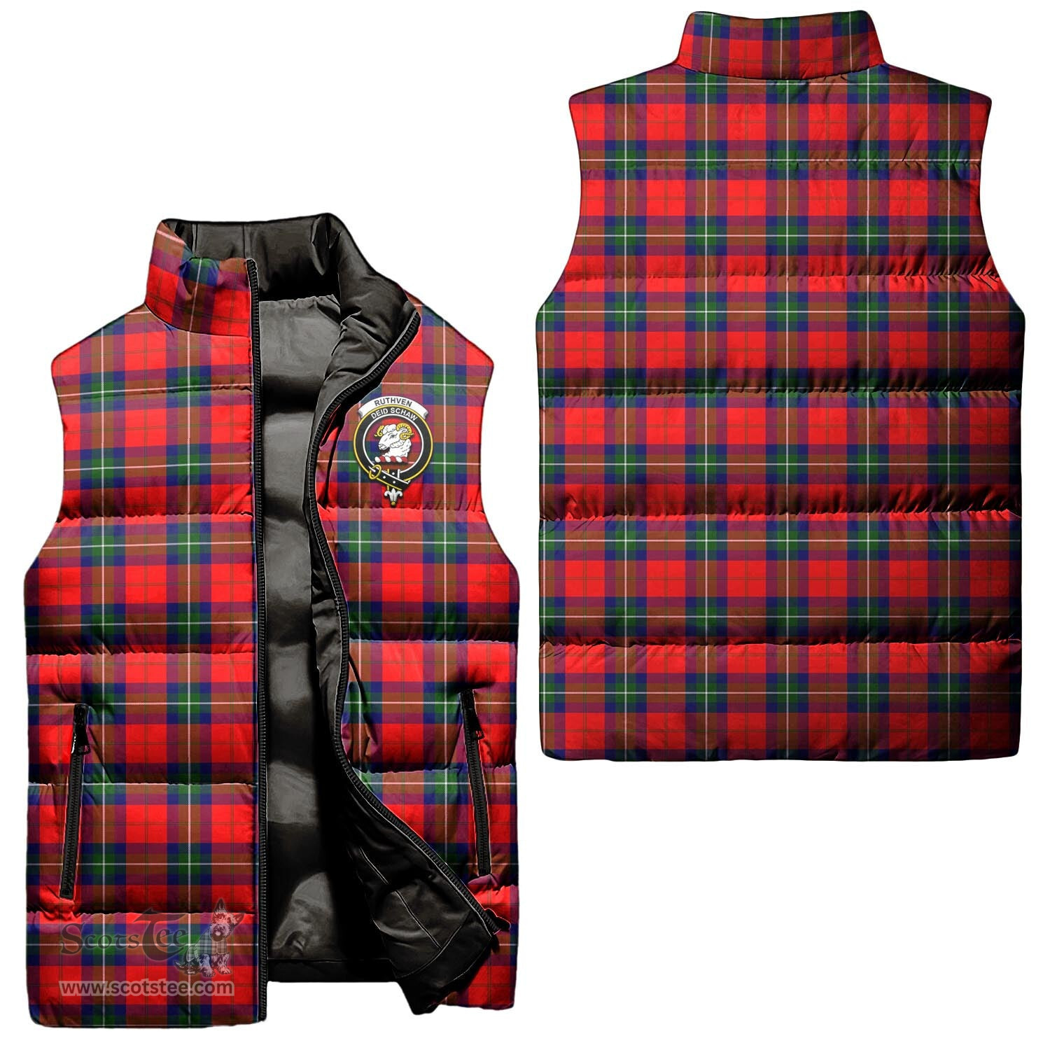 Scottish Ruthven Modern Clan Tartan Puffer Vest, Family Crest Plaid Sleeveless Down Jacket Scottish Plaid Tartan Plaid - ScotsTee - scotstee.com