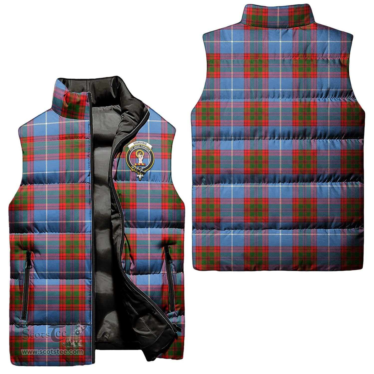Scottish Skirving Clan Tartan Puffer Vest, Family Crest Plaid Sleeveless Down Jacket Scottish Plaid Tartan Plaid - ScotsTee - scotstee.com