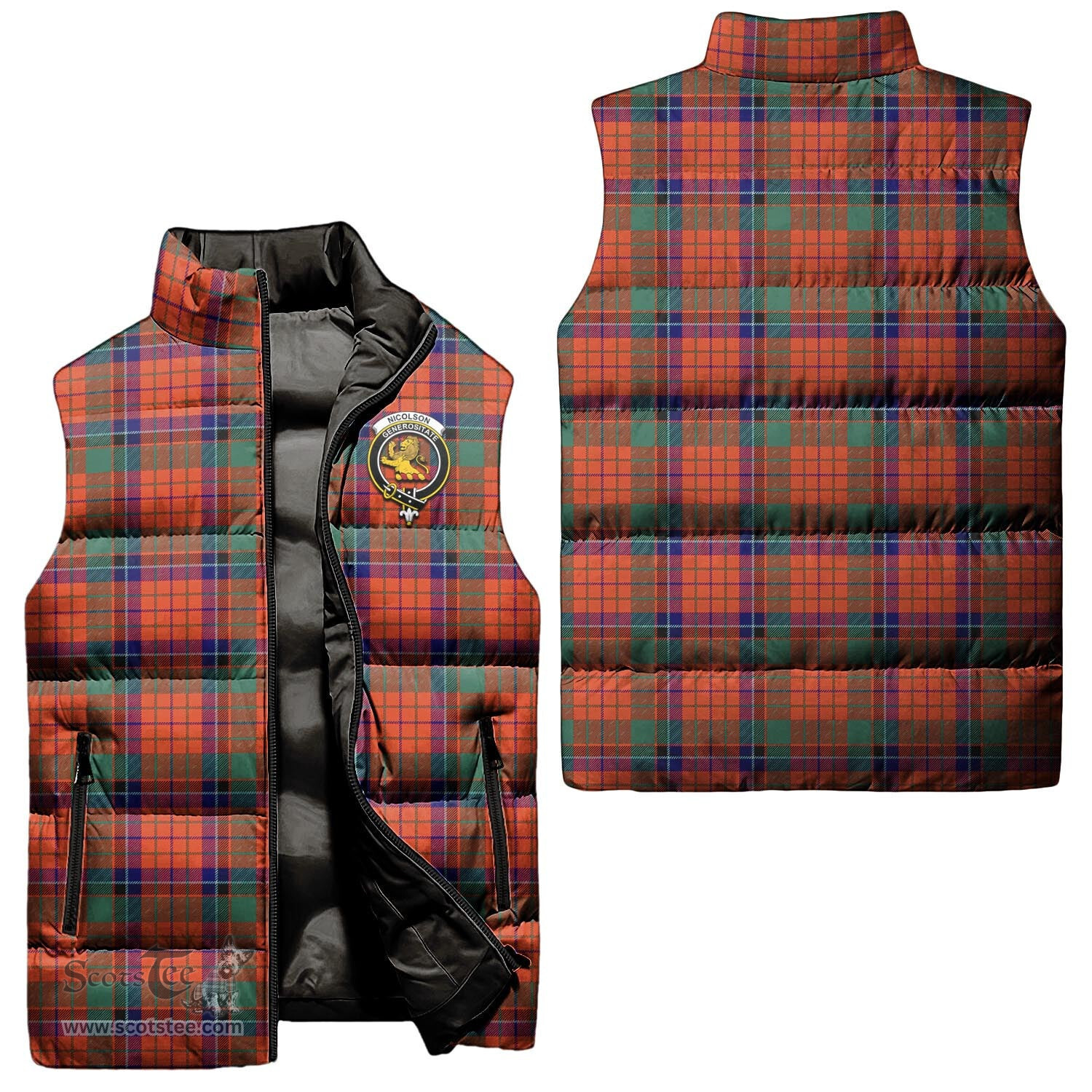 Scottish Nicolson Ancient Clan Tartan Puffer Vest, Family Crest Plaid Sleeveless Down Jacket Scottish Plaid Tartan Plaid - ScotsTee - scotstee.com