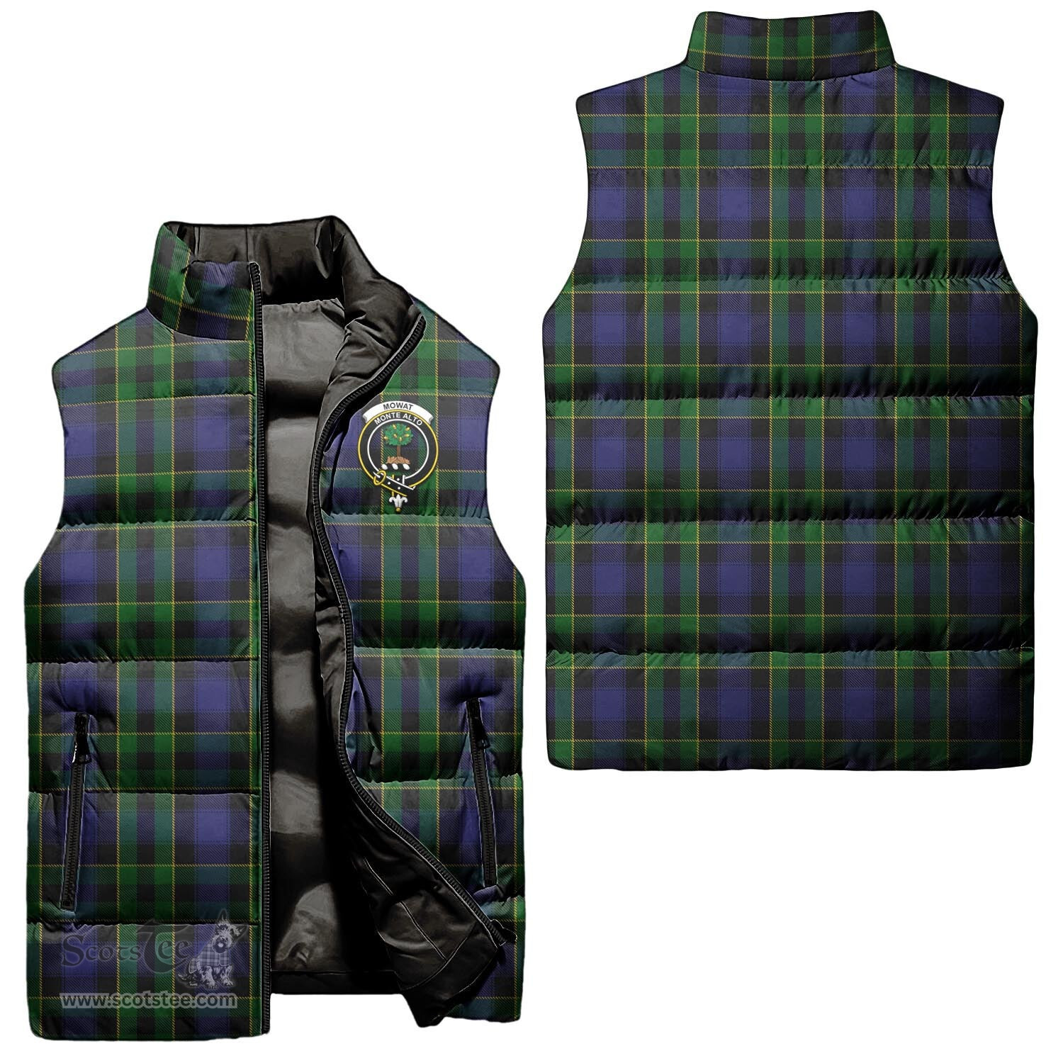 Scottish Mowat Clan Tartan Puffer Vest, Family Crest Plaid Sleeveless Down Jacket Scottish Plaid Tartan Plaid - ScotsTee - scotstee.com
