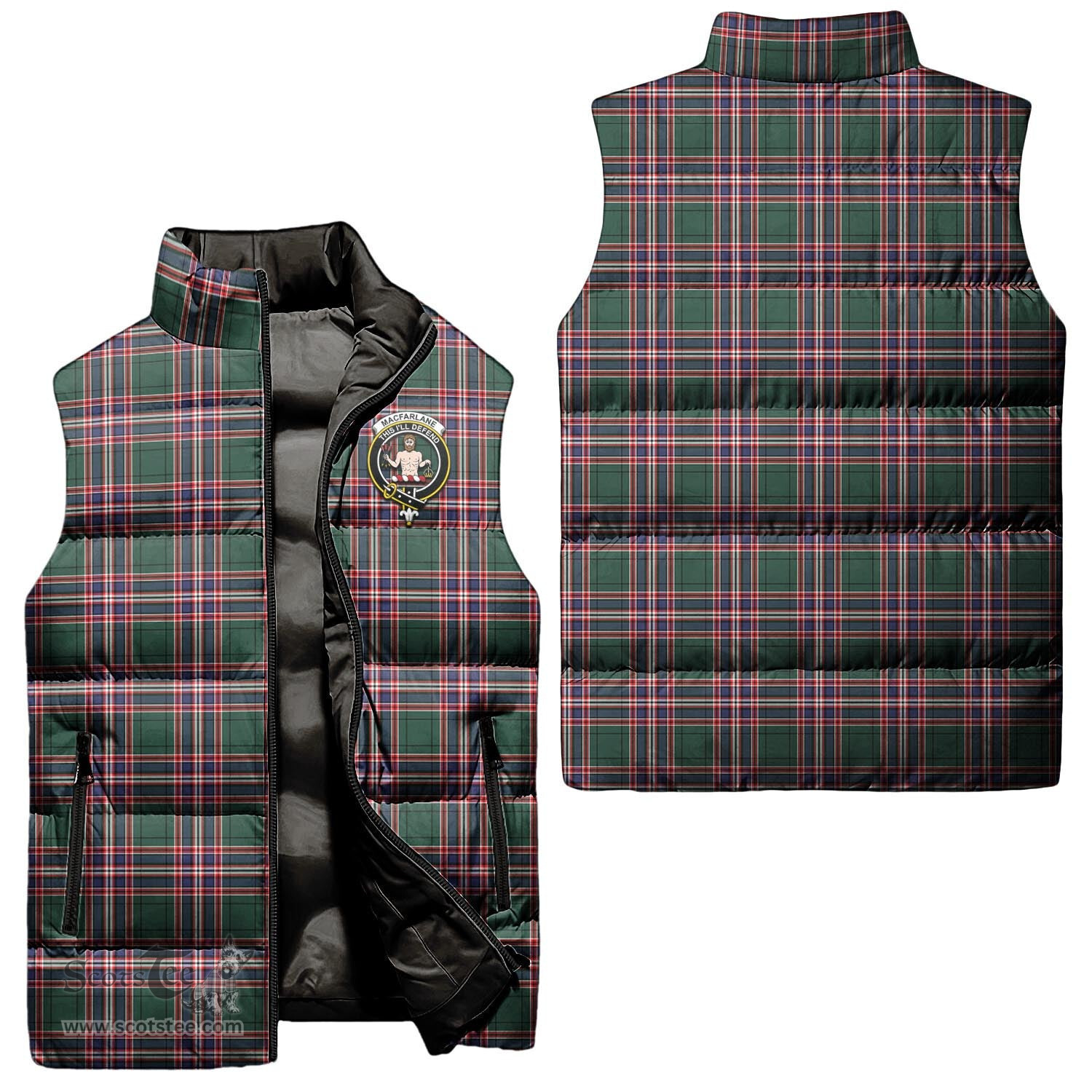 Scottish MacFarlane Hunting Modern Clan Tartan Puffer Vest, Family Crest Plaid Sleeveless Down Jacket Scottish Plaid Tartan Plaid - ScotsTee - scotstee.com