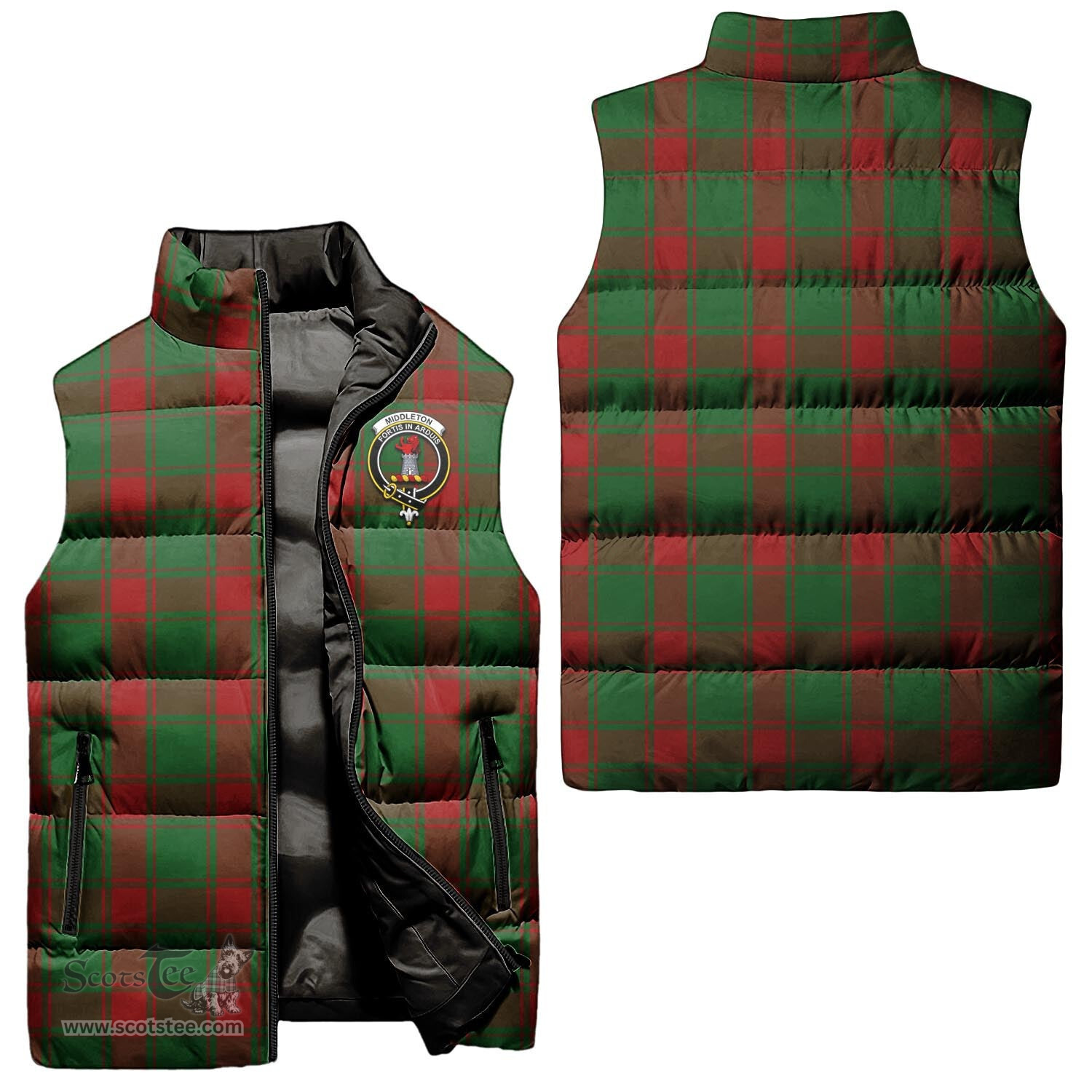 Scottish Middleton Clan Tartan Puffer Vest, Family Crest Plaid Sleeveless Down Jacket Scottish Plaid Tartan Plaid - ScotsTee - scotstee.com