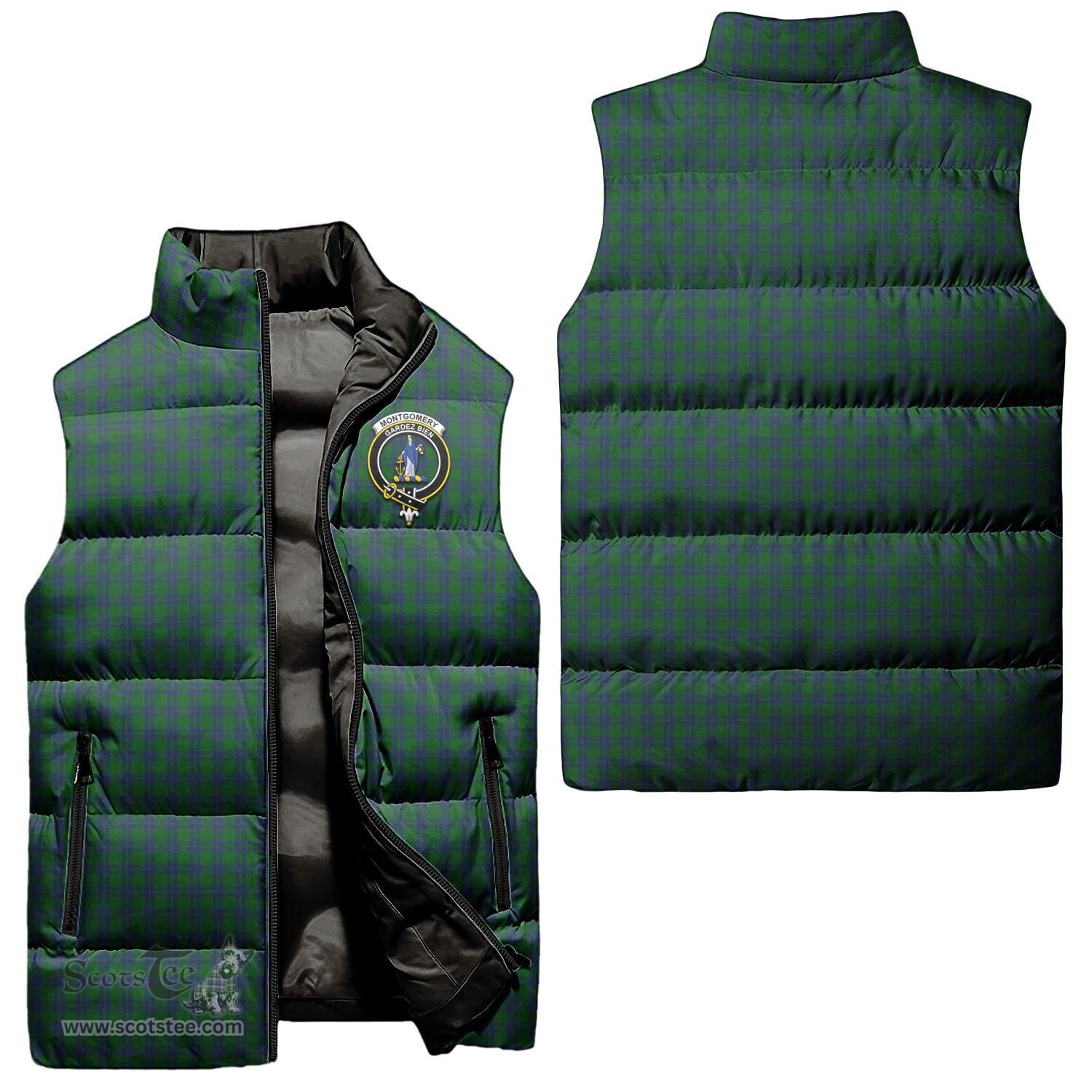 Scottish Montgomery Clan Tartan Puffer Vest, Family Crest Plaid Sleeveless Down Jacket Scottish Plaid Tartan Plaid - ScotsTee - scotstee.com