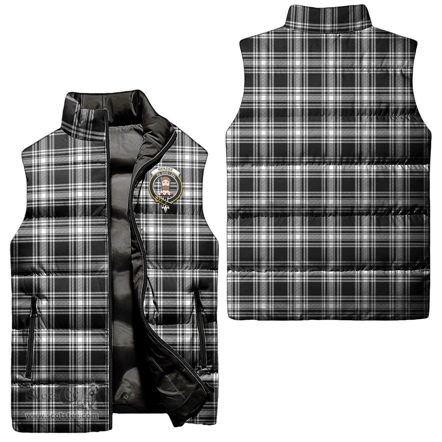 Scottish Menzies Black and White Clan Tartan Puffer Vest, Family Crest Plaid Sleeveless Down Jacket Scottish Plaid Tartan Plaid - ScotsTee - scotstee.com